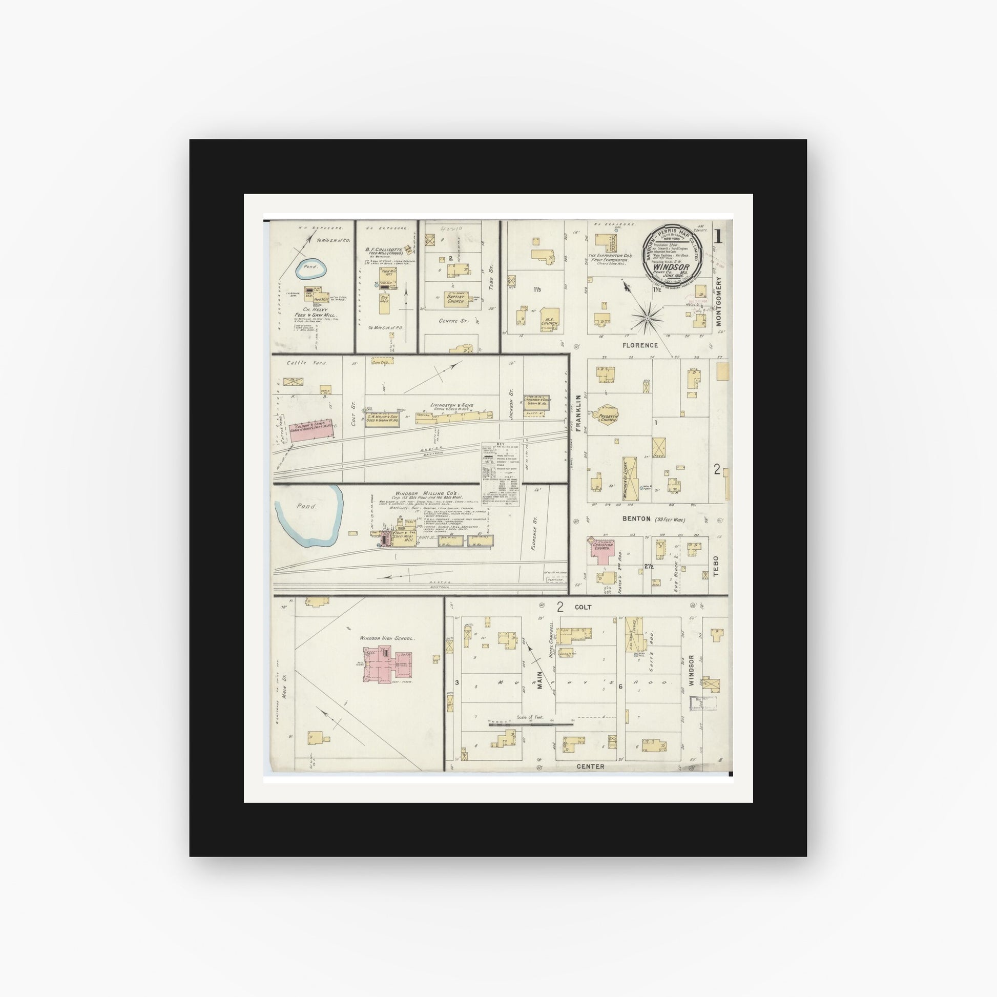 Old map wall art mockup — black gallery frame with white mat — Sanborn Fire Insurance Map from Windsor, Henry County, Missouri (1896) - Complete Map Set