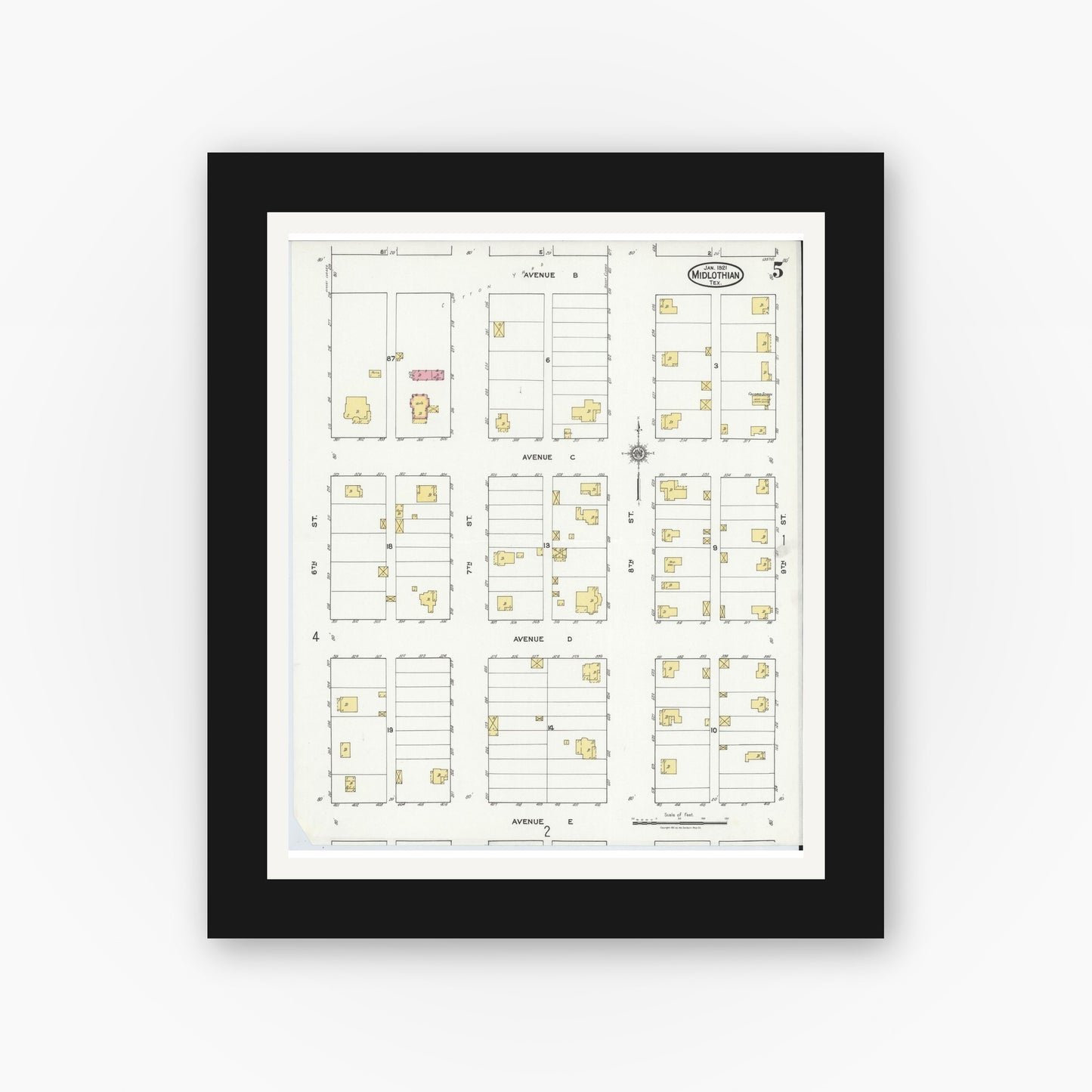 Old map wall art mockup — black gallery frame with white mat — Sanborn Fire Insurance Map from Midlothian, Ellis County, Texas (1921), Sheet #0005