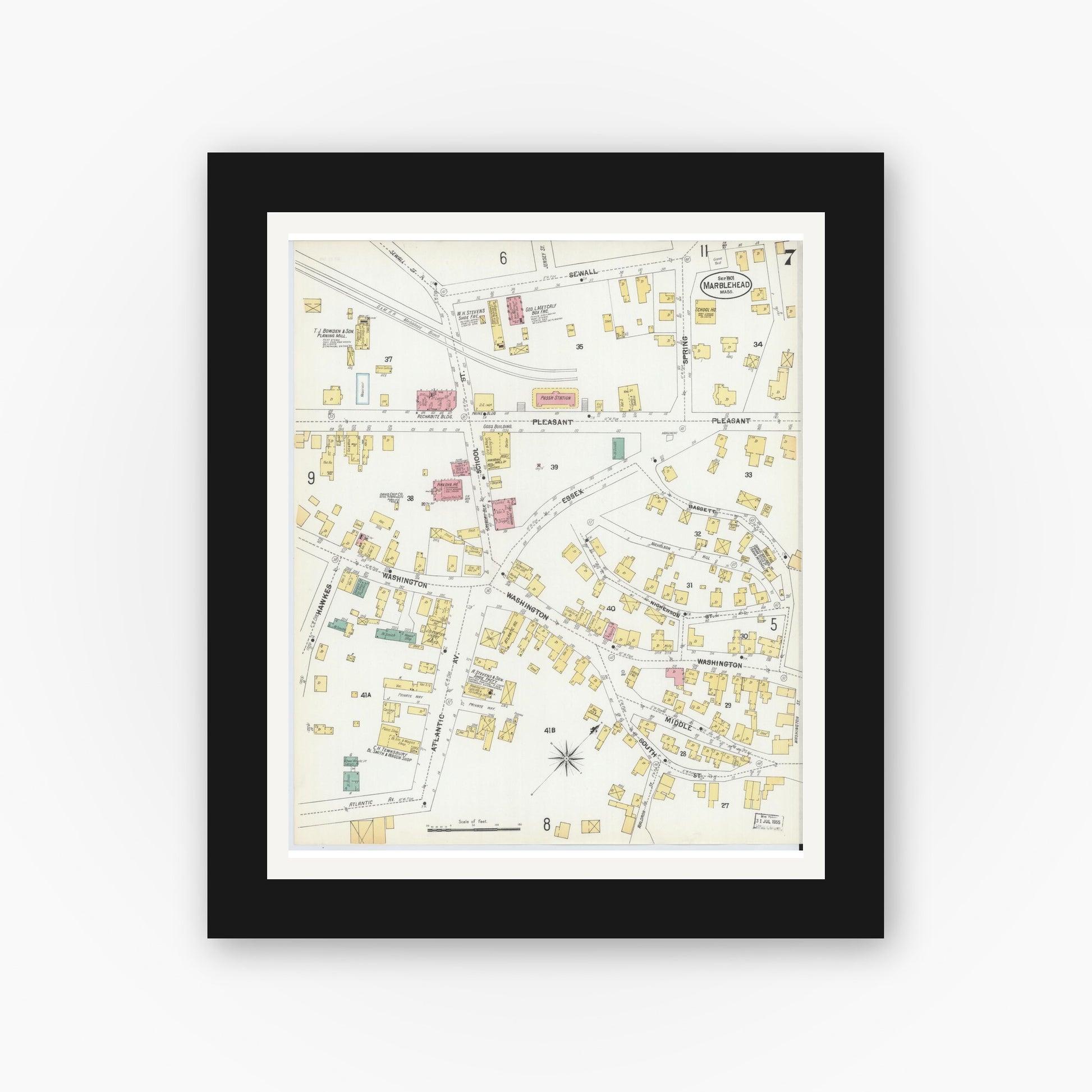 Old map wall art mockup — black gallery frame with white mat — Sanborn Fire Insurance Map from Marblehead, Essex County, Massachusetts (1901), Sheet #0007