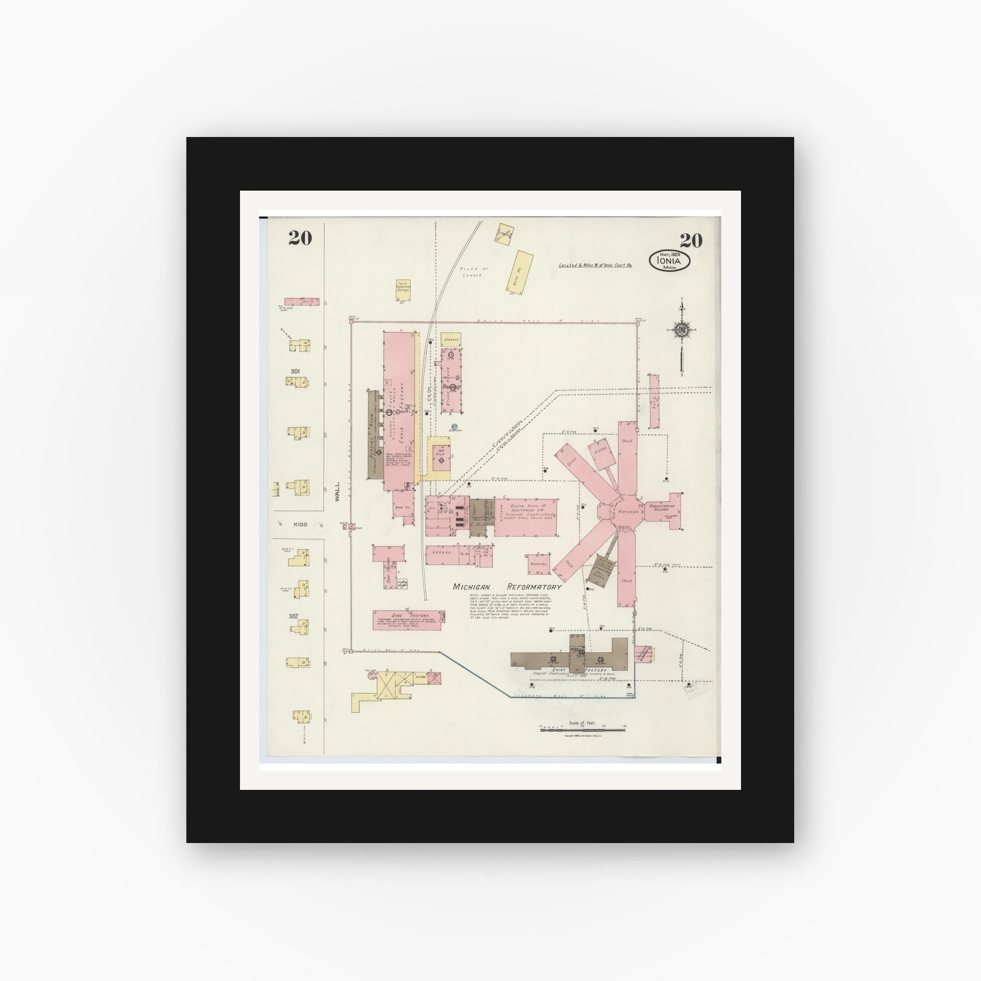 Old map wall art mockup — black gallery frame with white mat — Sanborn Fire Insurance Map from Ionia, Ionia County, Michigan (1924), Sheet #0020