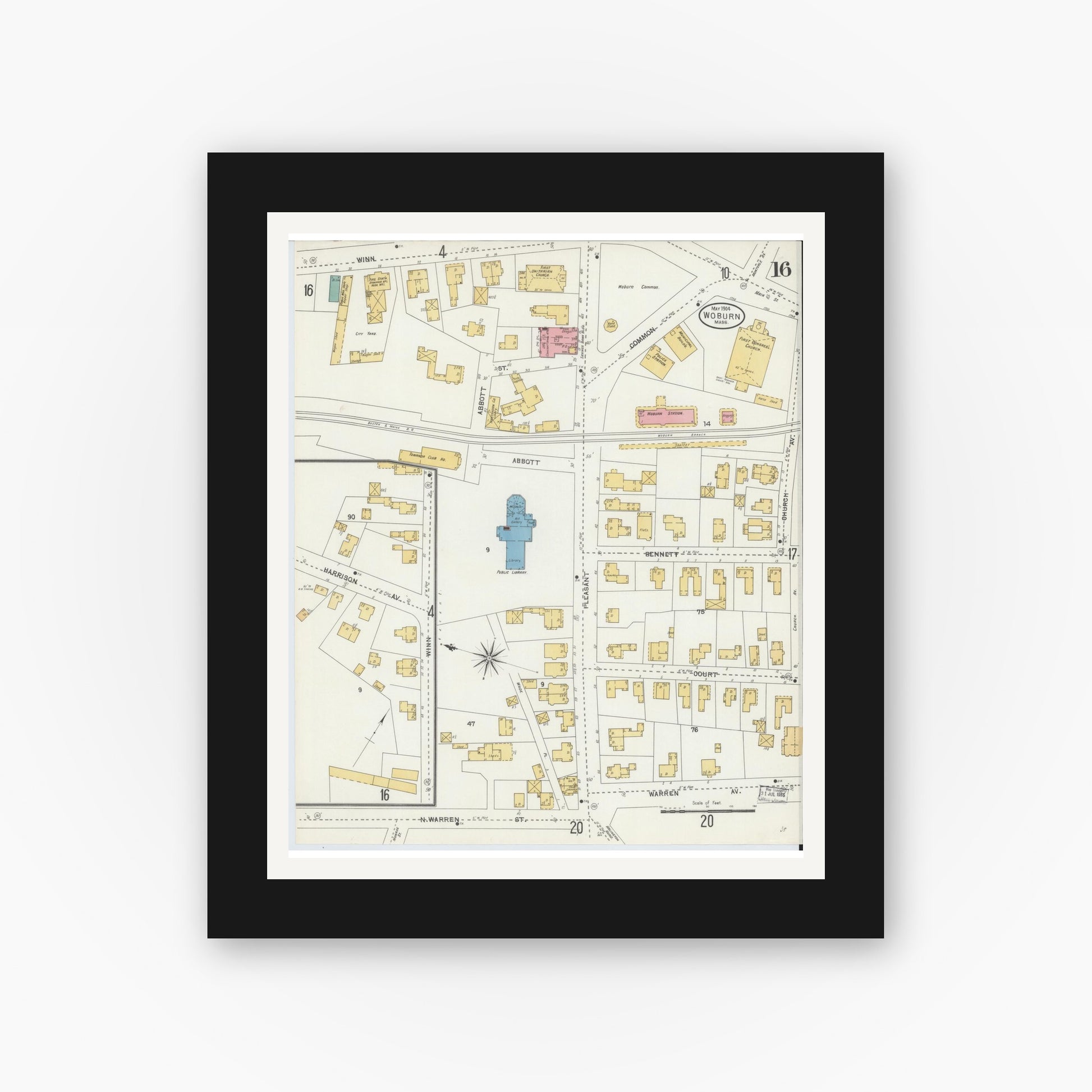 Old map wall art mockup — black gallery frame with white mat — Sanborn Fire Insurance Map from Woburn, Middlesex County, Massachusetts (1904), Sheet #0016