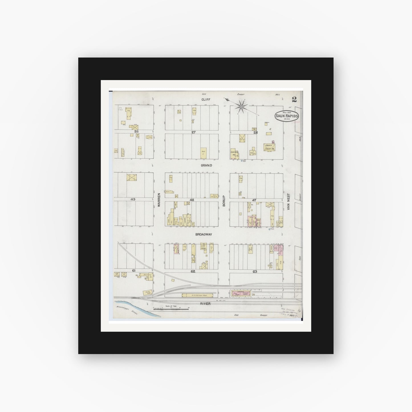 Old map wall art mockup — black gallery frame with white mat — Sanborn Fire Insurance Map from Sauk Rapids, Benton County, Minnesota (1889), Sheet #0002