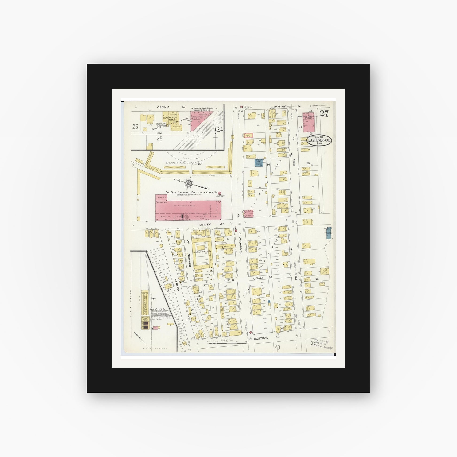Old map wall art mockup — black gallery frame with white mat — Sanborn Fire Insurance Map from East Liverpool, Columbiana County, Ohio (1913), Sheet #0027