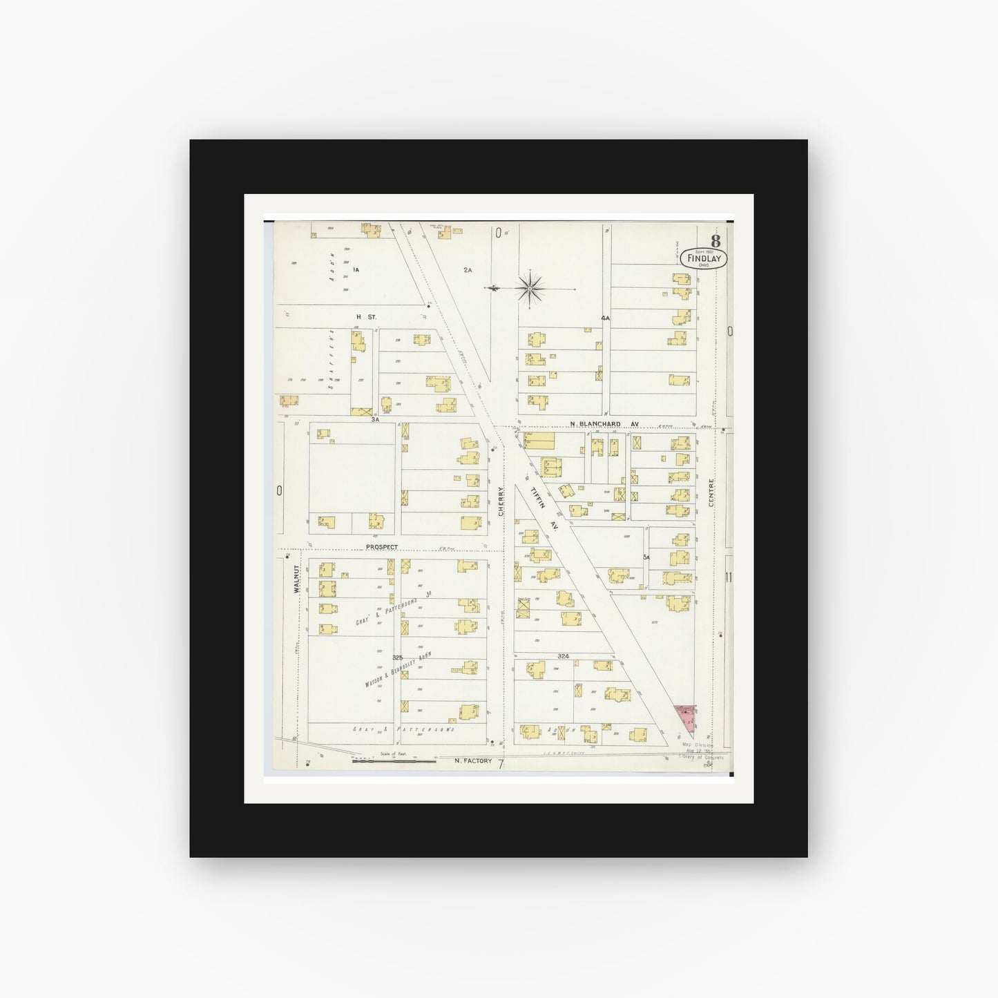 Old map wall art mockup — black gallery frame with white mat — Sanborn Fire Insurance Map from Findlay, Hancock County, Ohio (1901), Sheet #0008