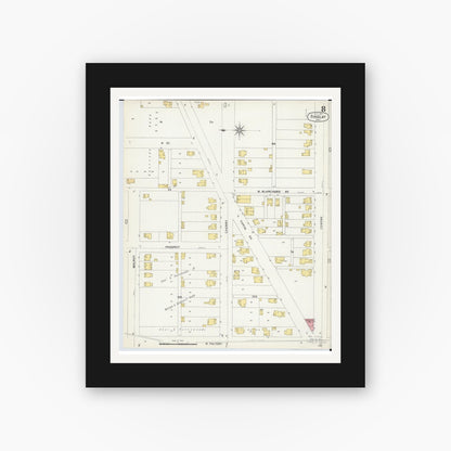 Old map wall art mockup — black gallery frame with white mat — Sanborn Fire Insurance Map from Findlay, Hancock County, Ohio (1901), Sheet #0008