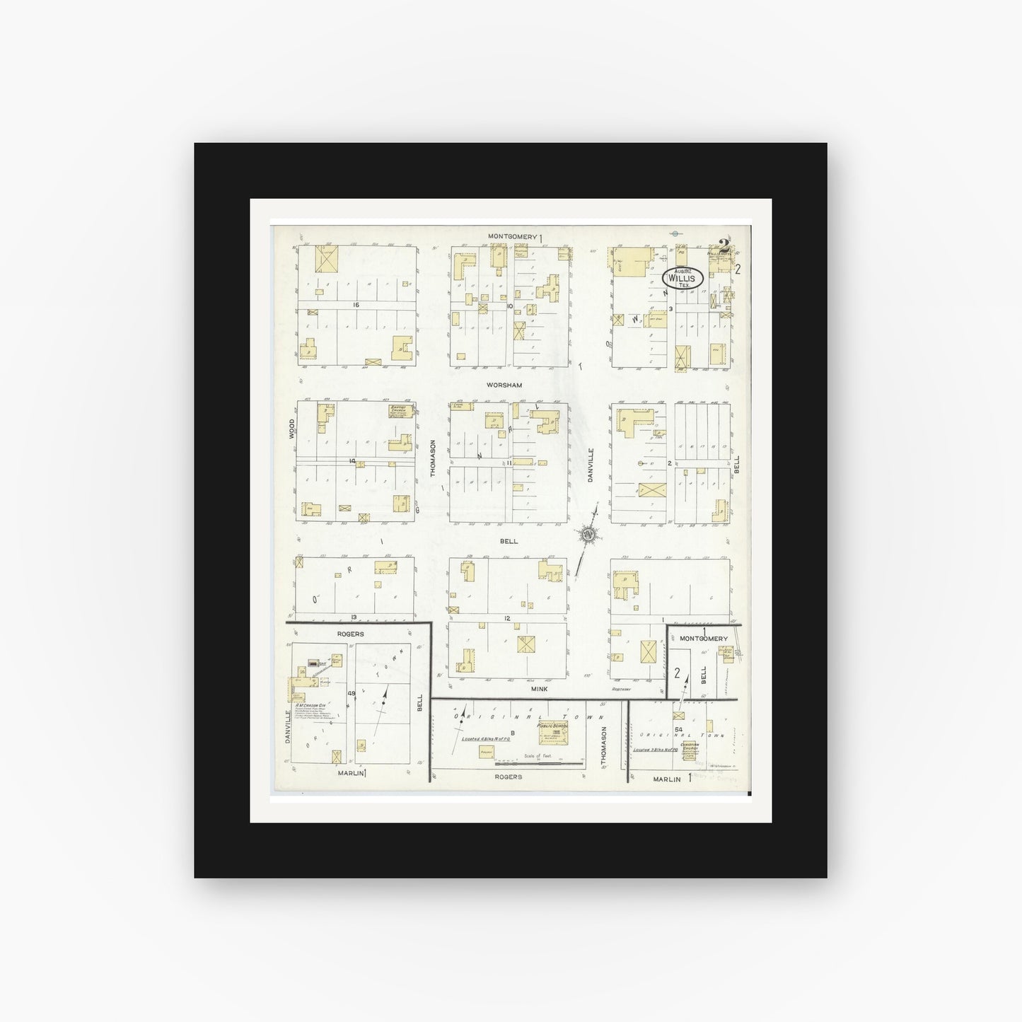 Old map wall art mockup — black gallery frame with white mat — Sanborn Fire Insurance Map from Willis, Montgomery County, Texas (1912), Sheet #0002