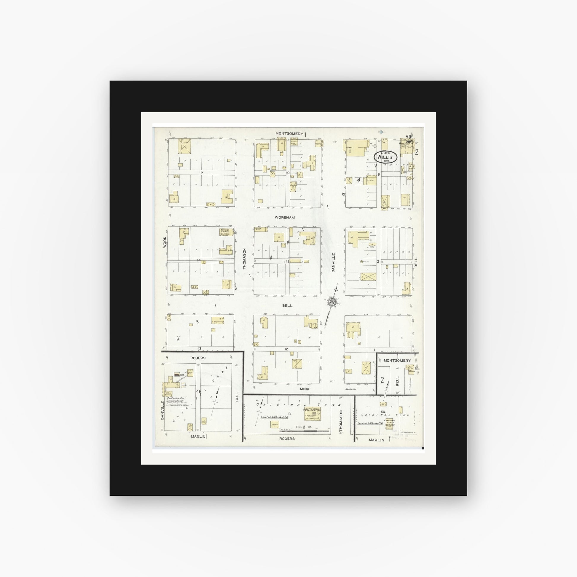 Old map wall art mockup — black gallery frame with white mat — Sanborn Fire Insurance Map from Willis, Montgomery County, Texas (1912), Sheet #0002