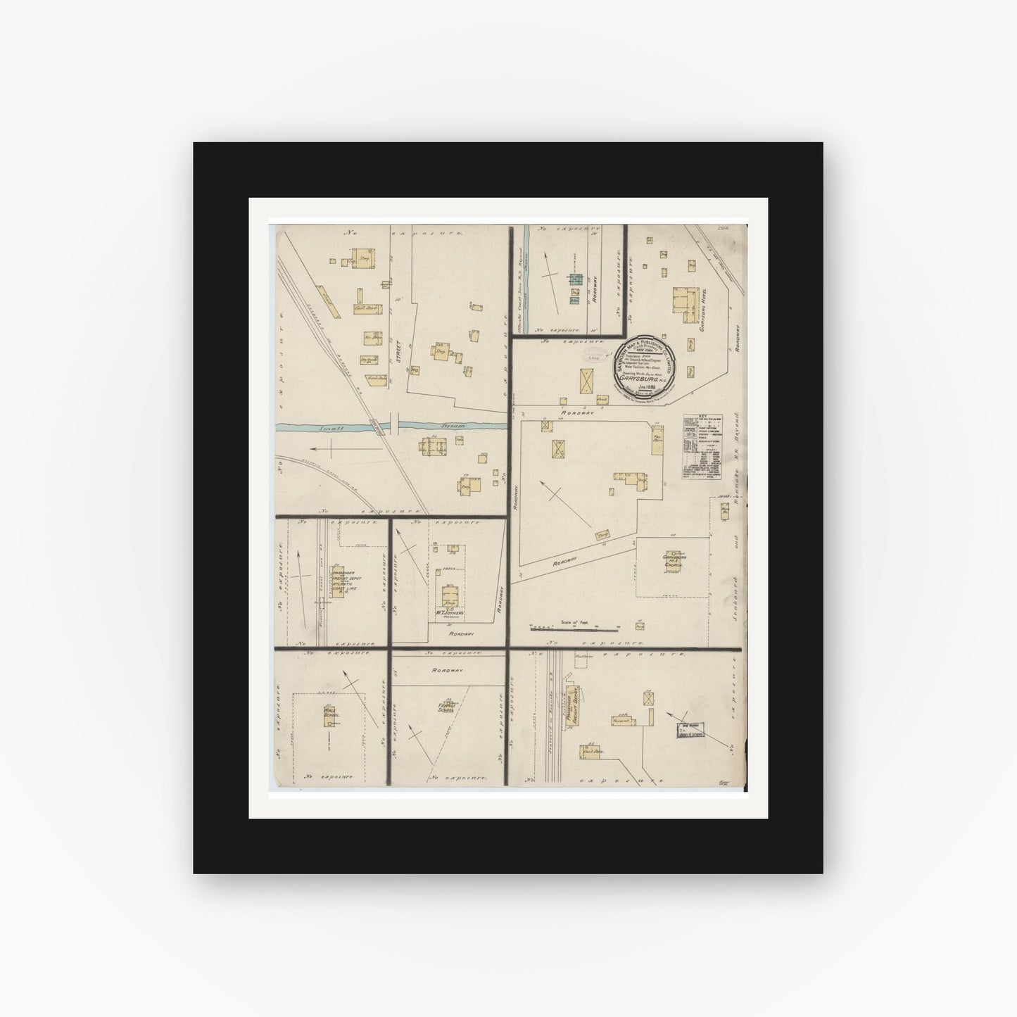 Old map wall art mockup — black gallery frame with white mat — Sanborn Fire Insurance Map from Garysburg, Northampton County, North Carolina (1888), Sheet #0001