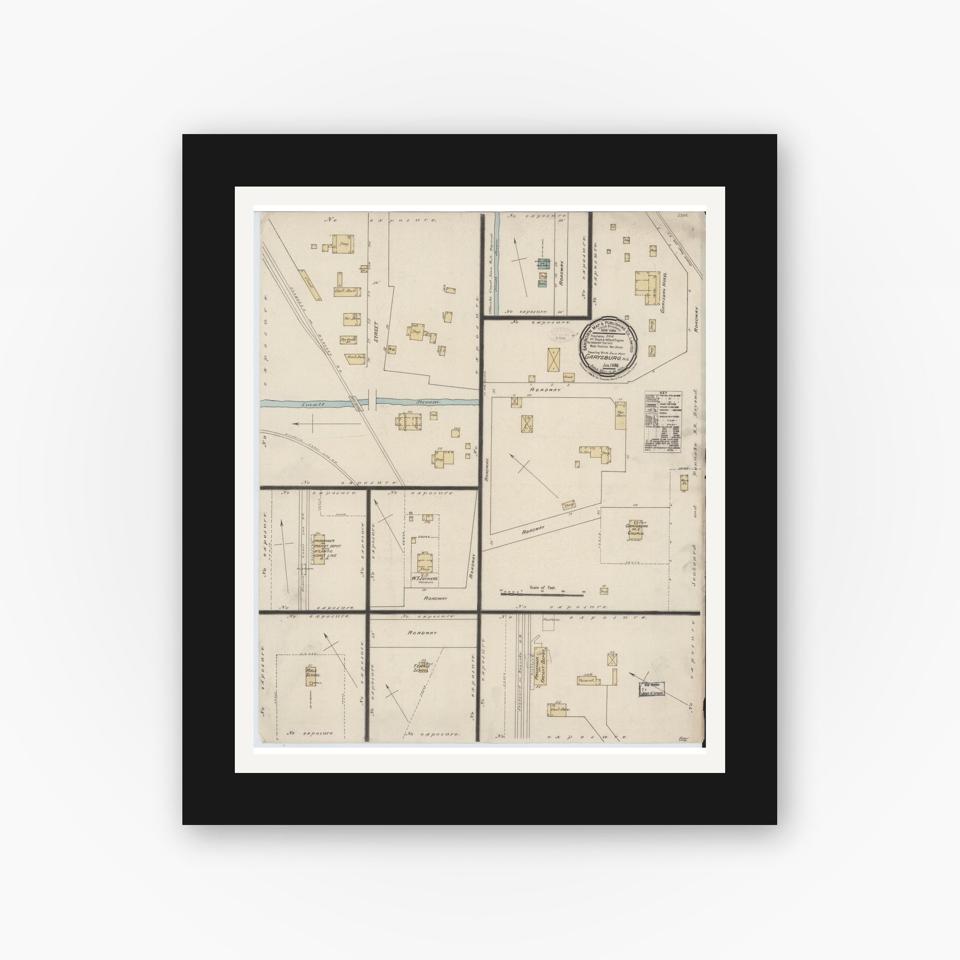 Old map wall art mockup — black gallery frame with white mat — Sanborn Fire Insurance Map from Garysburg, Northampton County, North Carolina (1888), Sheet #0001