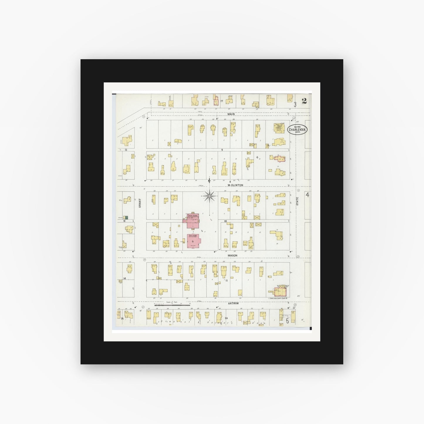 Old map wall art mockup — black gallery frame with white mat — Sanborn Fire Insurance Map from Charlevoix, Charlevoix County, Michigan (1901), Sheet #0002