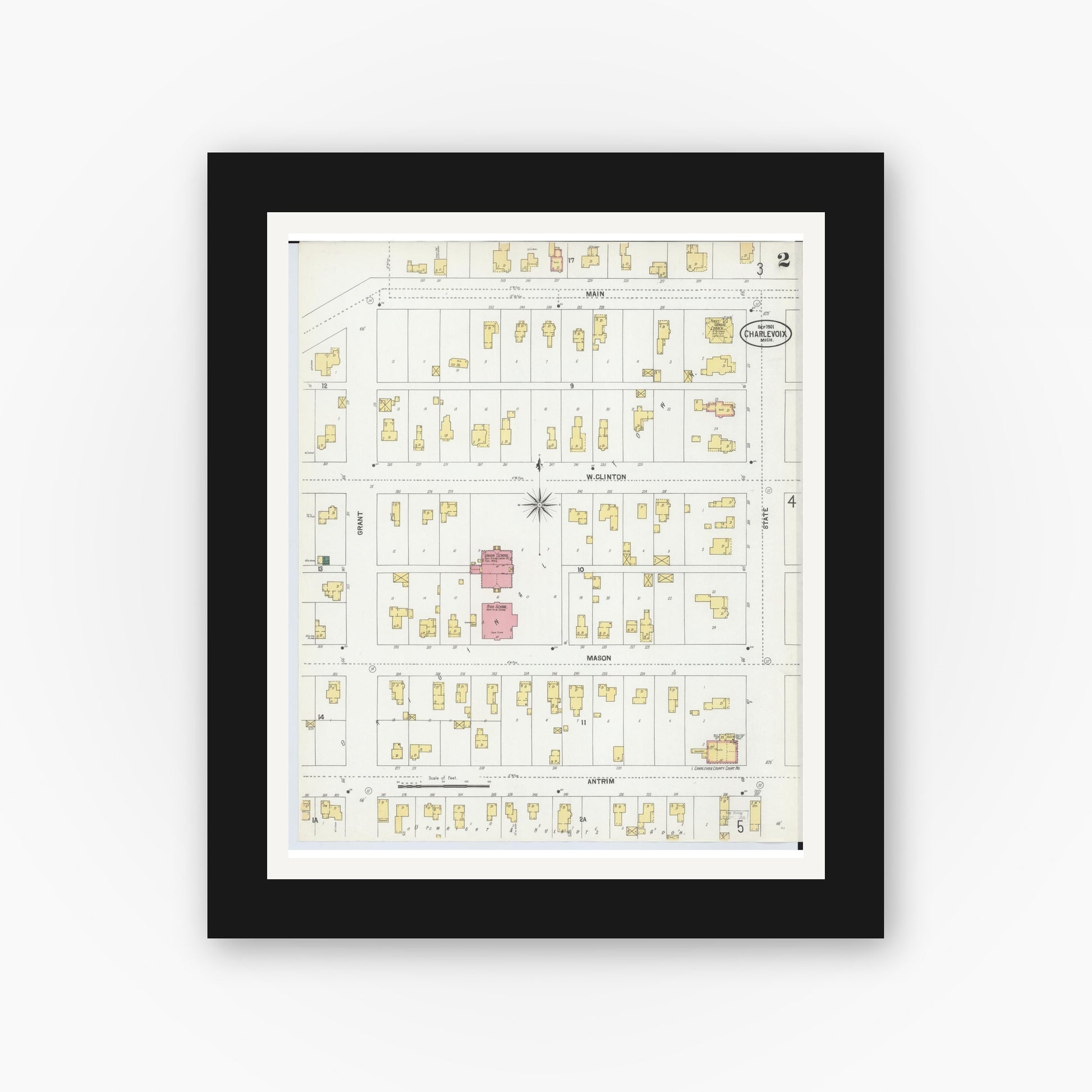 Old map wall art mockup — black gallery frame with white mat — Sanborn Fire Insurance Map from Charlevoix, Charlevoix County, Michigan (1901), Sheet #0002