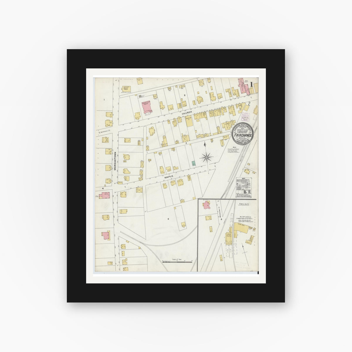Old map wall art mockup — black gallery frame with white mat — Sanborn Fire Insurance Map from Fairchange, Fayette County, Pennsylvania (1905) - Complete Map Set