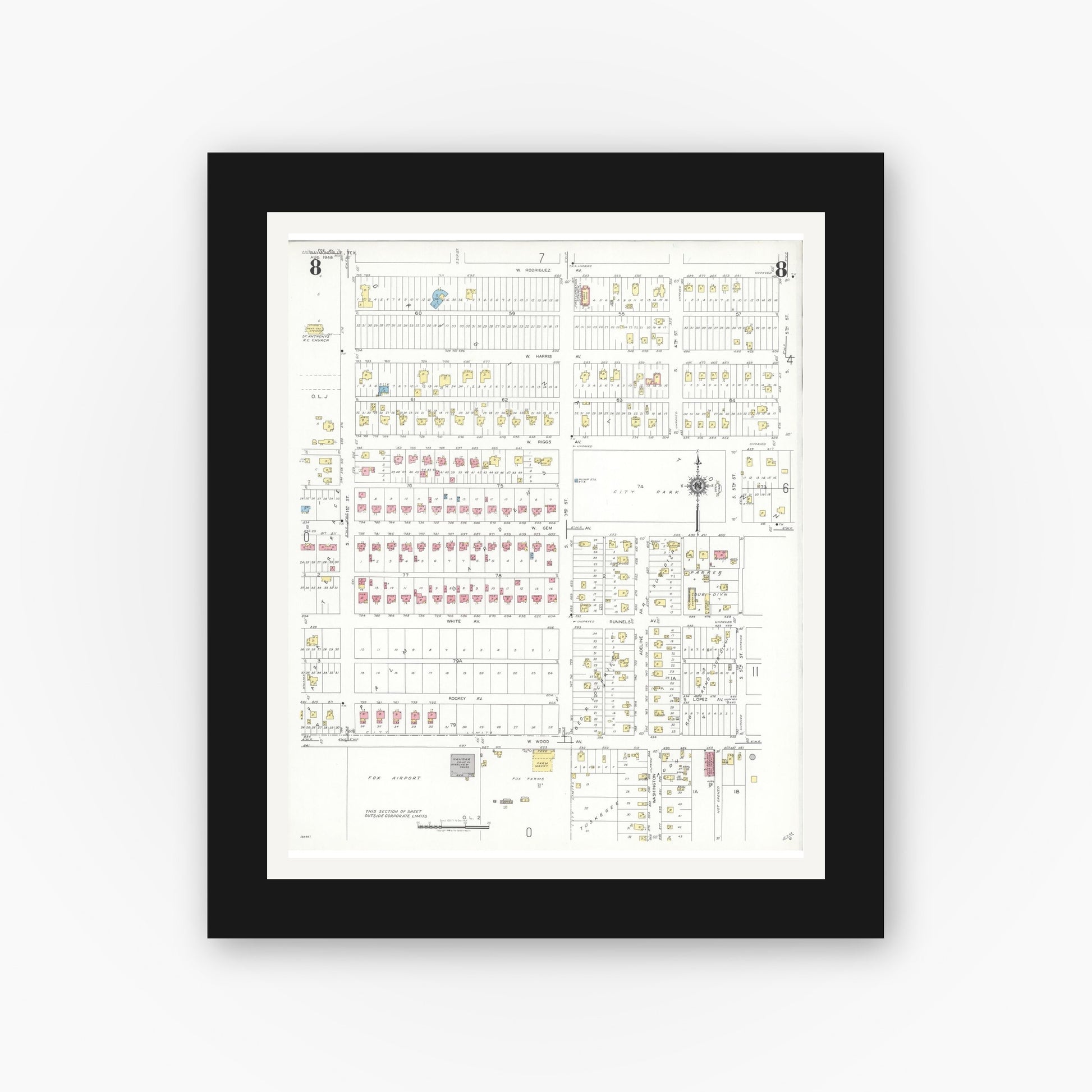Old map wall art mockup — black gallery frame with white mat — Sanborn Fire Insurance Map from Raymondville, Willacy County, Texas (1948), Sheet #0008