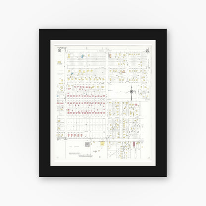 Old map wall art mockup — black gallery frame with white mat — Sanborn Fire Insurance Map from Raymondville, Willacy County, Texas (1948), Sheet #0008
