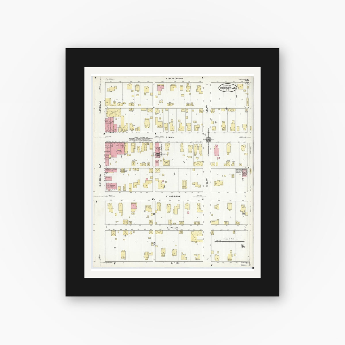 Old map wall art mockup — black gallery frame with white mat — Sanborn Fire Insurance Map from Mooresville, Morgan County, Indiana (1910), Sheet #0002