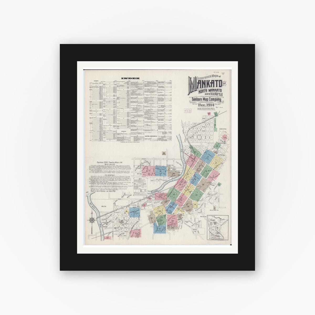 Old map wall art mockup — black gallery frame with white mat — Sanborn Fire Insurance Map from Mankato, Blue Earth County, Minnesota (1914), Sheet #0001