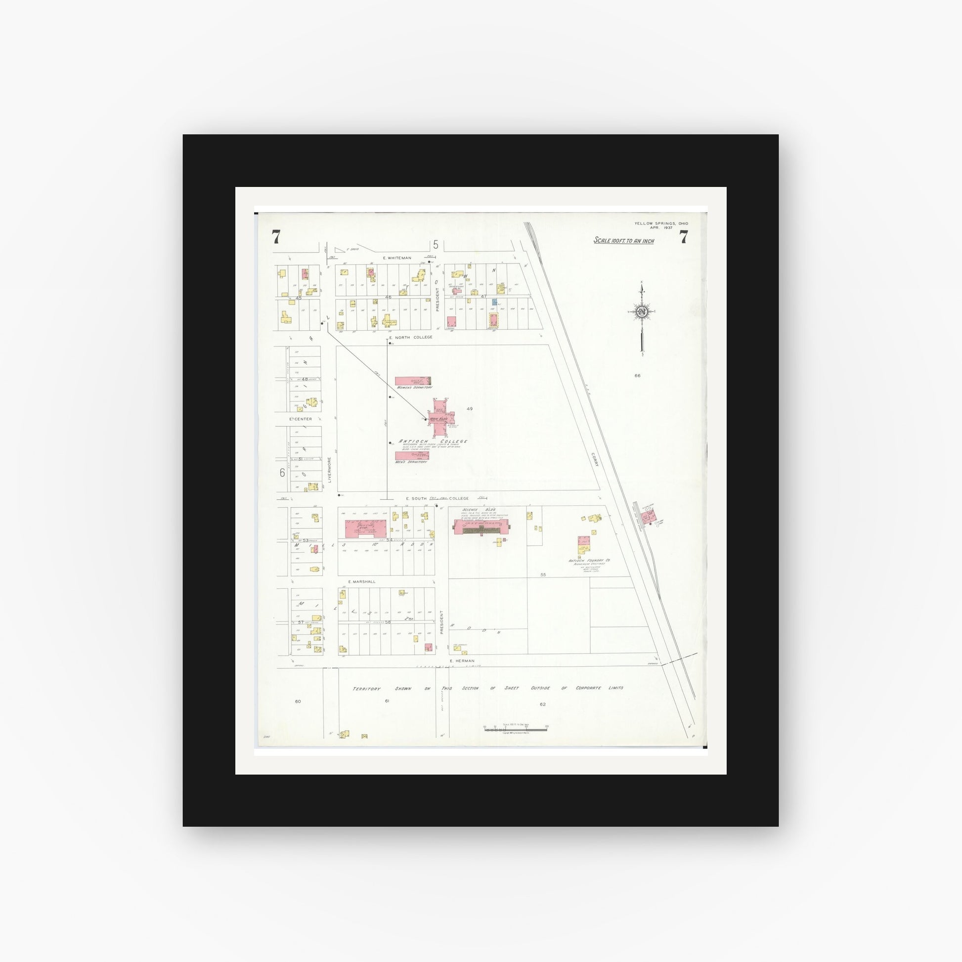 Old map wall art mockup — black gallery frame with white mat — Sanborn Fire Insurance Map from Yellow Springs, Greene County, Ohio (1937), Sheet #0007