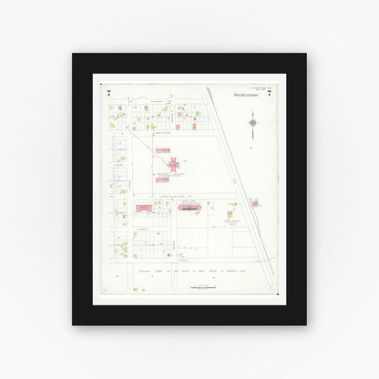 Old map wall art mockup — black gallery frame with white mat — Sanborn Fire Insurance Map from Yellow Springs, Greene County, Ohio (1937), Sheet #0007