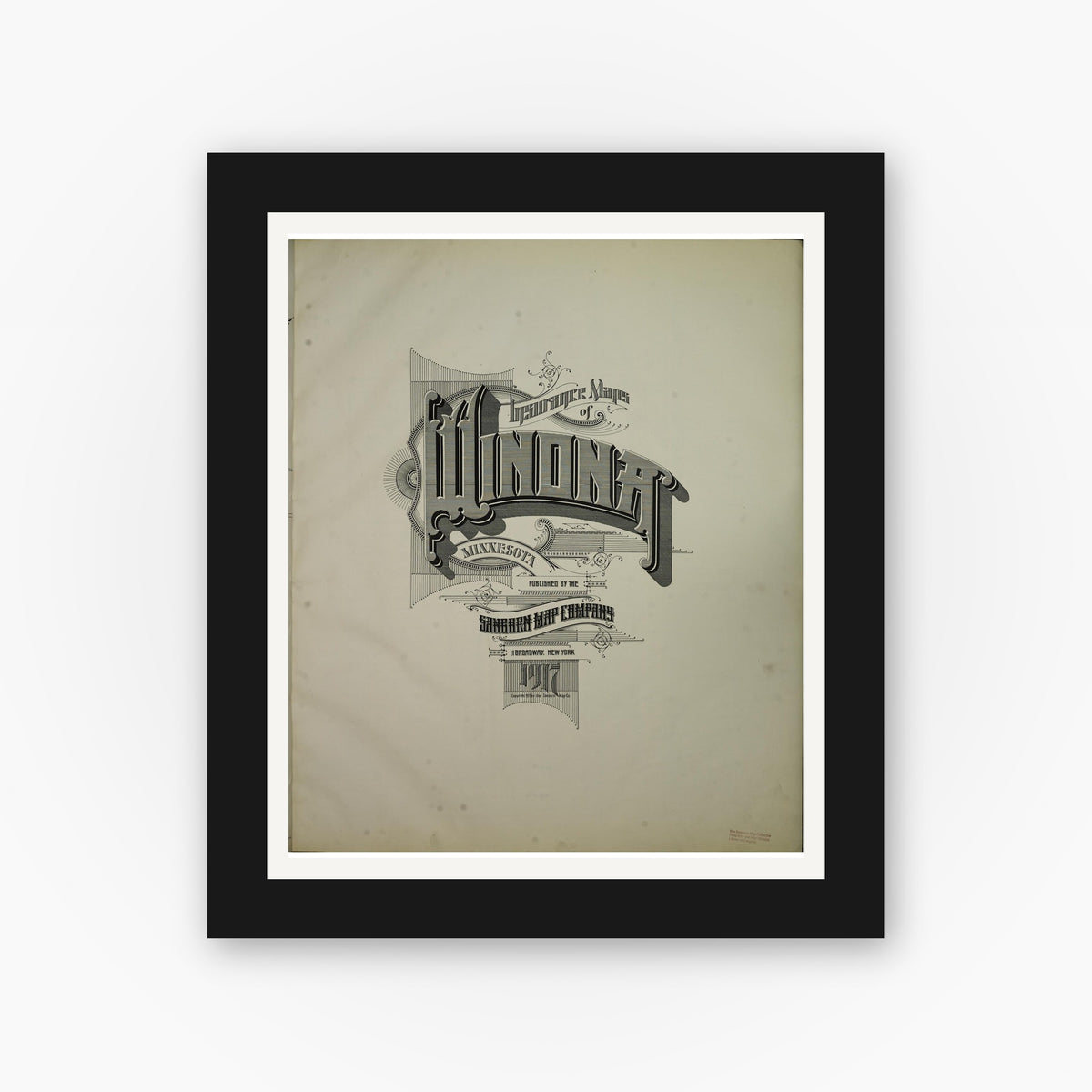 Old map wall art mockup — black gallery frame with white mat — Sanborn Fire Insurance Map from Winona, Winona County, Minnesota (1917), Sheet #0001