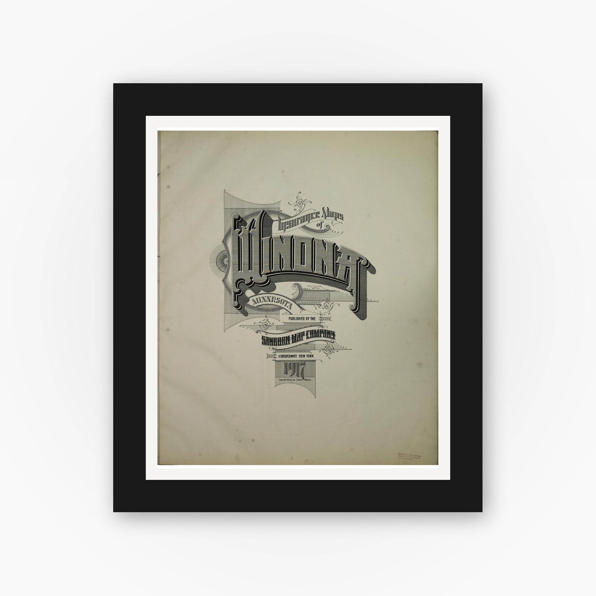 Old map wall art mockup — black gallery frame with white mat — Sanborn Fire Insurance Map from Winona, Winona County, Minnesota (1917), Sheet #0001