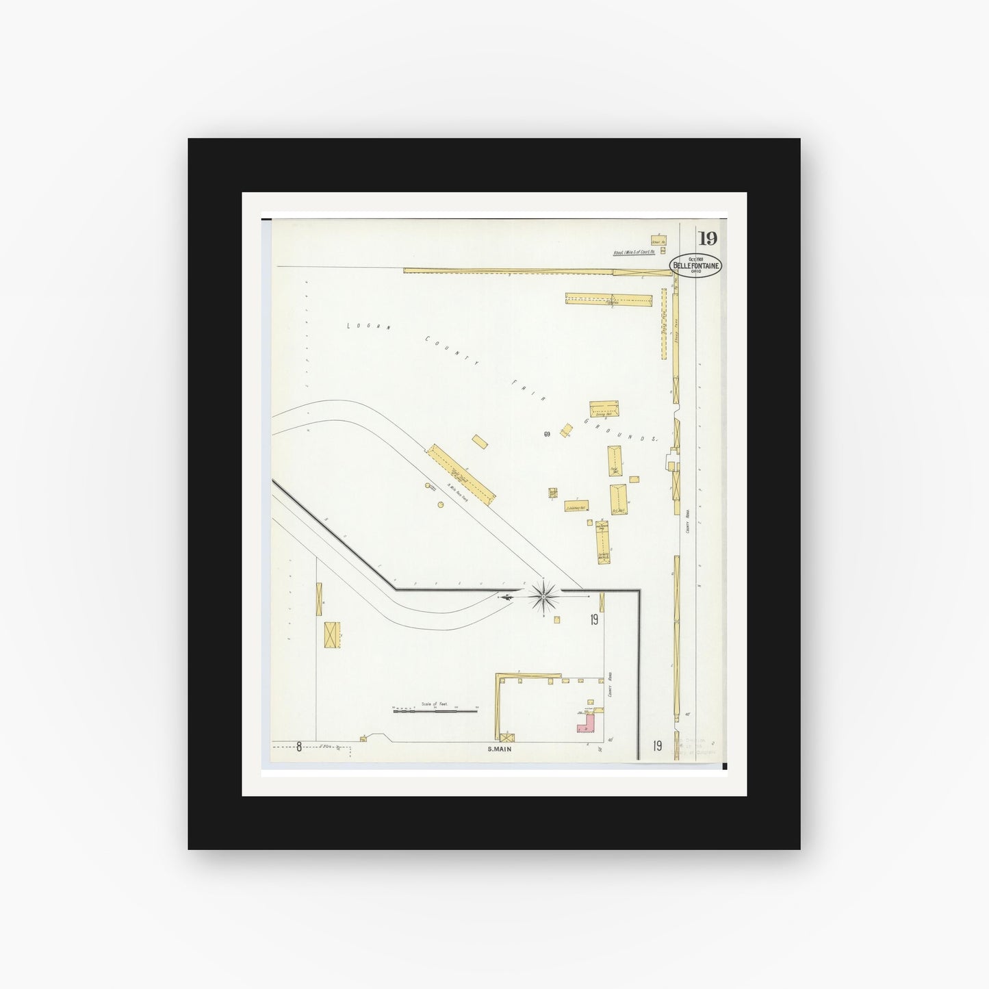 Old map wall art mockup — black gallery frame with white mat — Sanborn Fire Insurance Map from Bellefontaine, Logan County, Ohio (1901), Sheet #0019