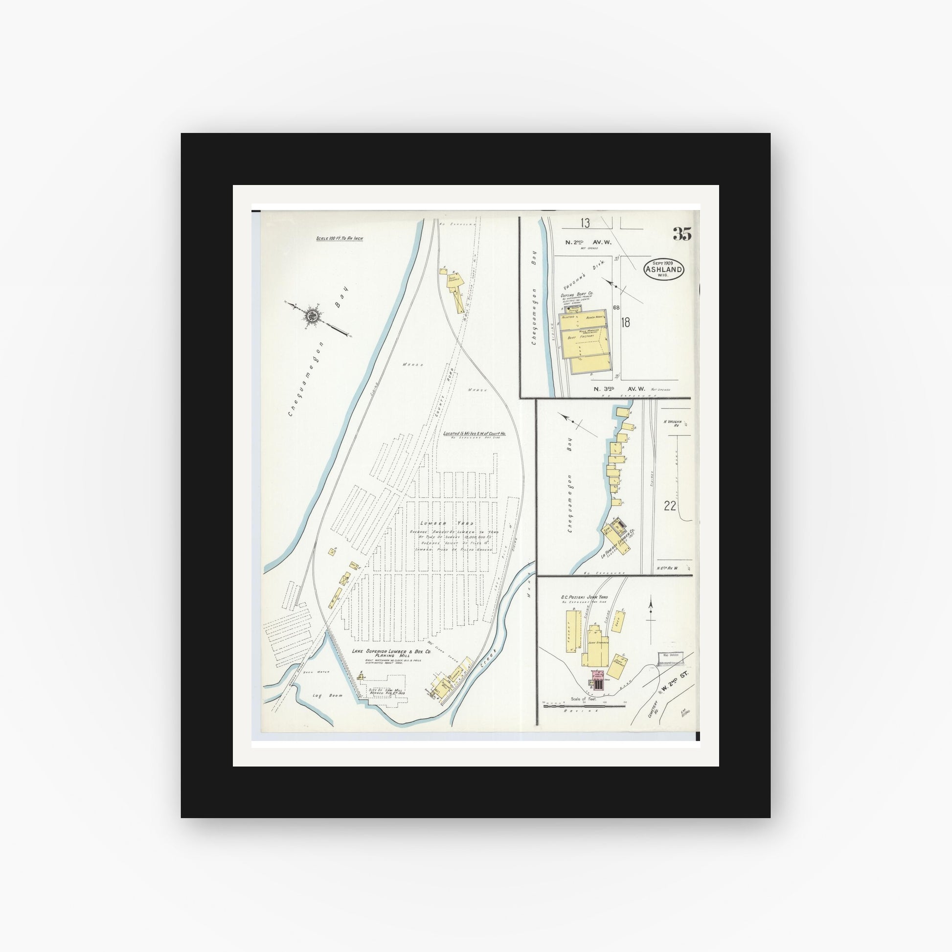 Old map wall art mockup — black gallery frame with white mat — Sanborn Fire Insurance Map from Ashland, Ashland County, Wisconsin (1909), Sheet #0035