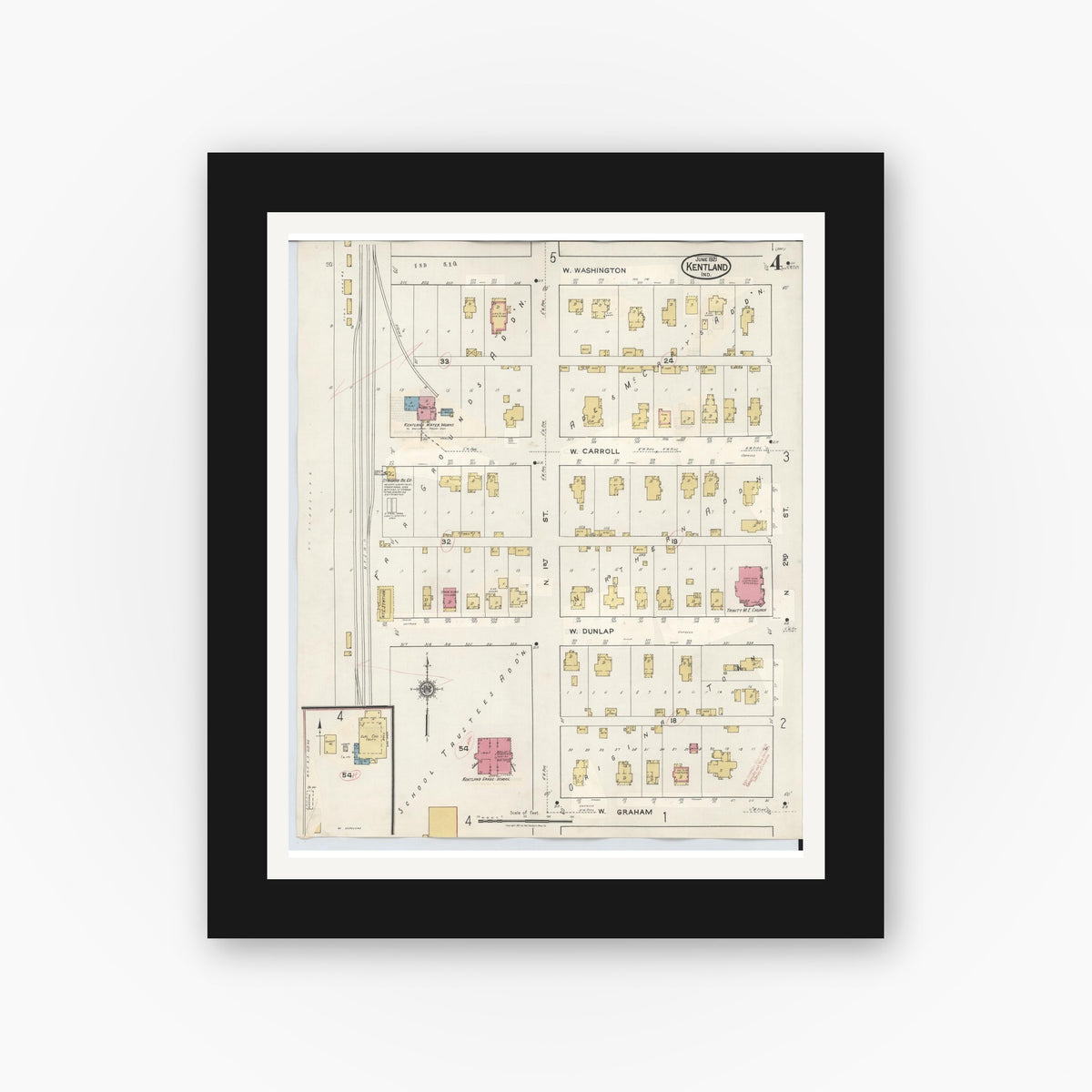 Old map wall art mockup — black gallery frame with white mat — Sanborn Fire Insurance Map from Kentland, Newton County, Indiana (1942), Sheet #0004