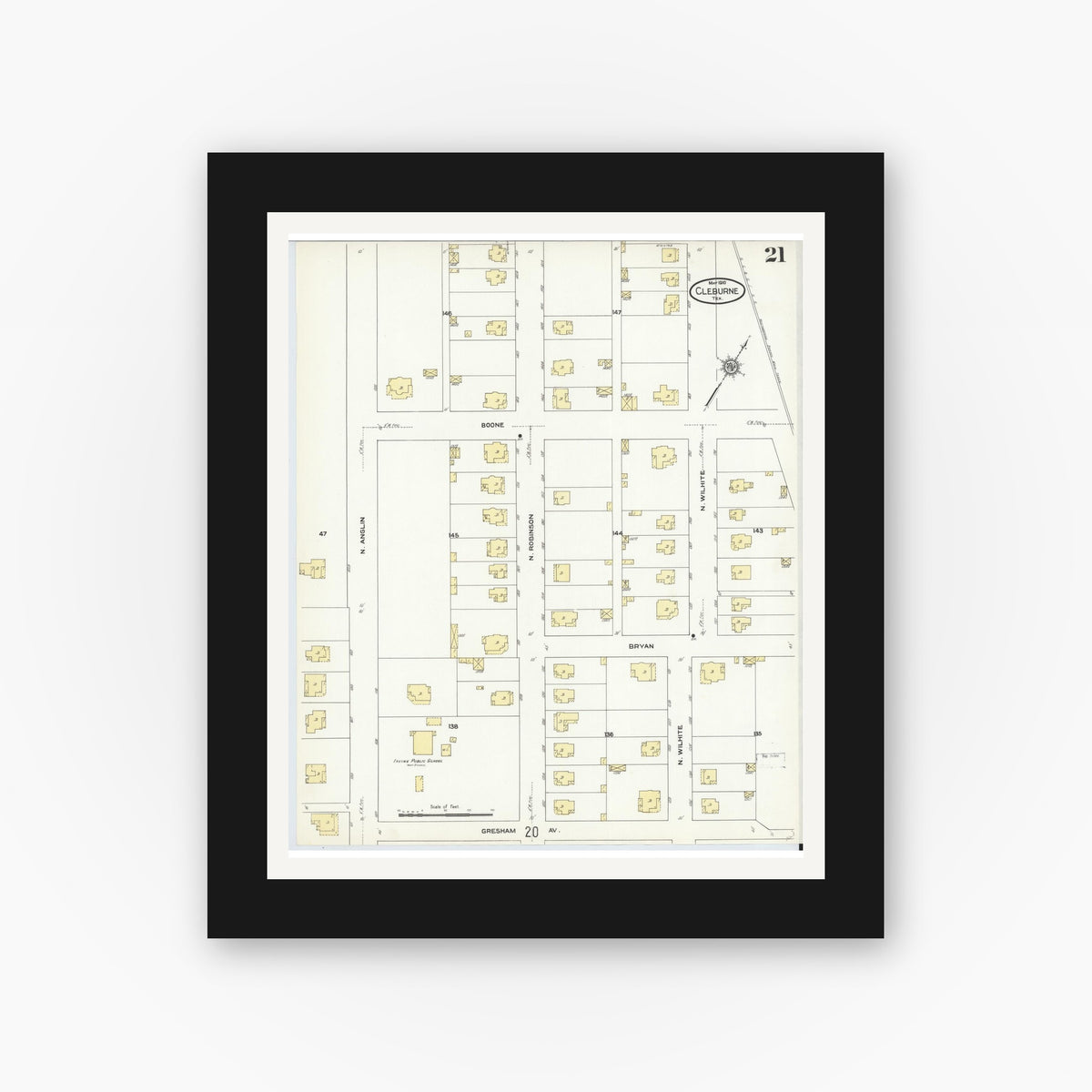 Old map wall art mockup — black gallery frame with white mat — Sanborn Fire Insurance Map from Cleburne, Johnson County, Texas (1910), Sheet #0021