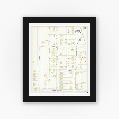 Old map wall art mockup — black gallery frame with white mat — Sanborn Fire Insurance Map from Cleburne, Johnson County, Texas (1910), Sheet #0021