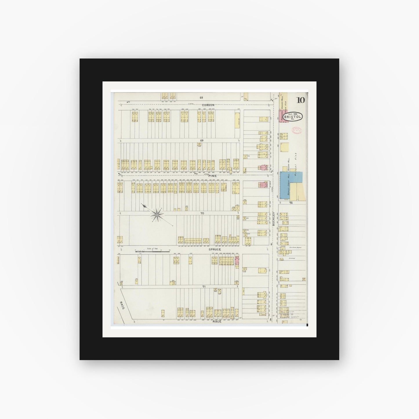 Old map wall art mockup — black gallery frame with white mat — Sanborn Fire Insurance Map from Bristol, Bucks County, Pennsylvania (1894), Sheet #0010