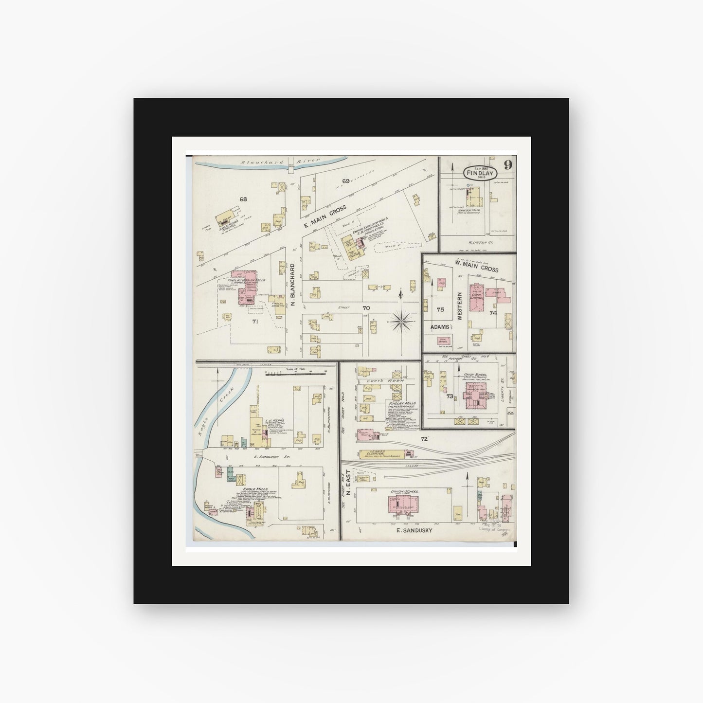 Old map wall art mockup — black gallery frame with white mat — Sanborn Fire Insurance Map from Findlay, Hancock County, Ohio (1887), Sheet #0009
