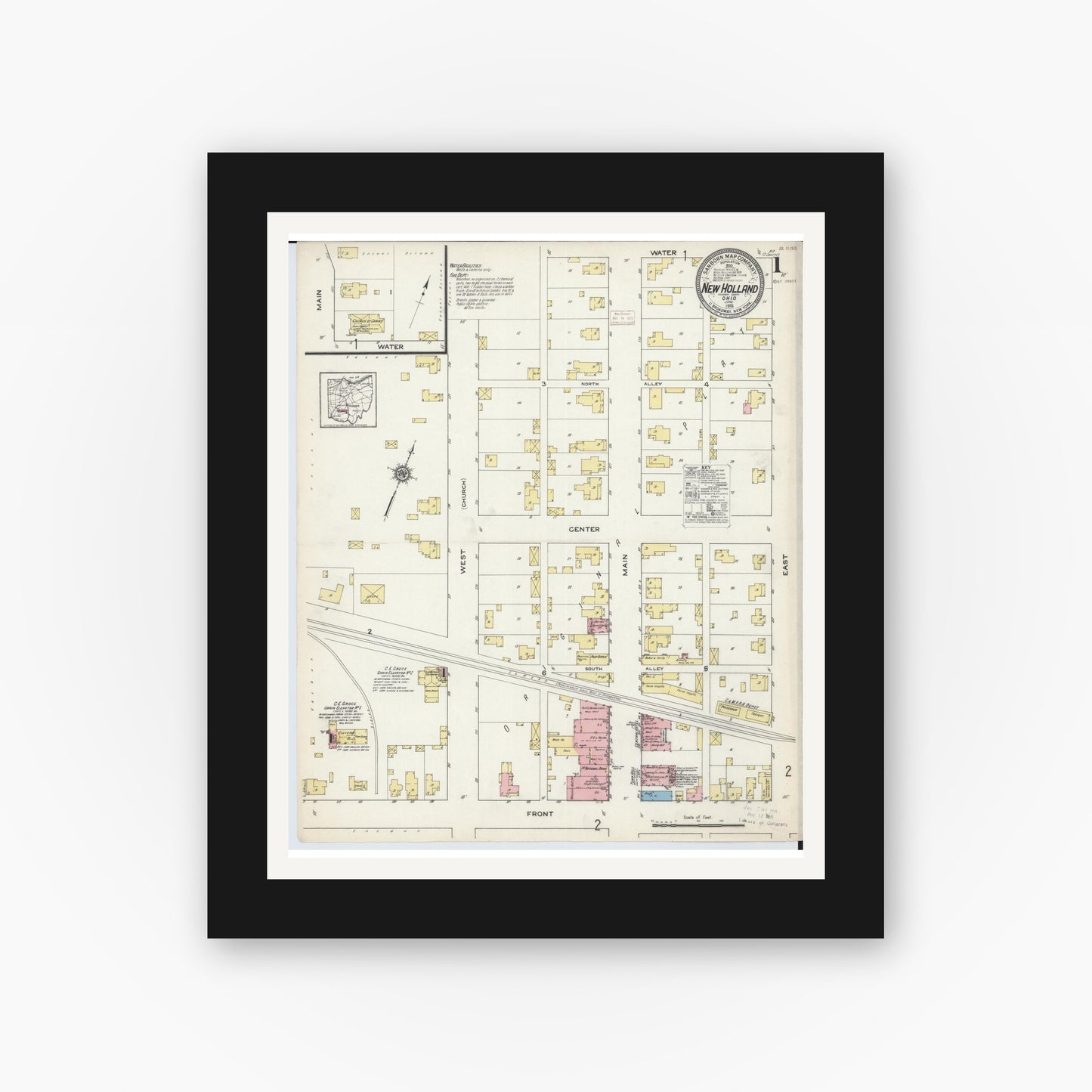 Old map wall art mockup — black gallery frame with white mat — Sanborn Fire Insurance Map from New Holland, Pickaway County, Ohio (1915), Sheet #0001