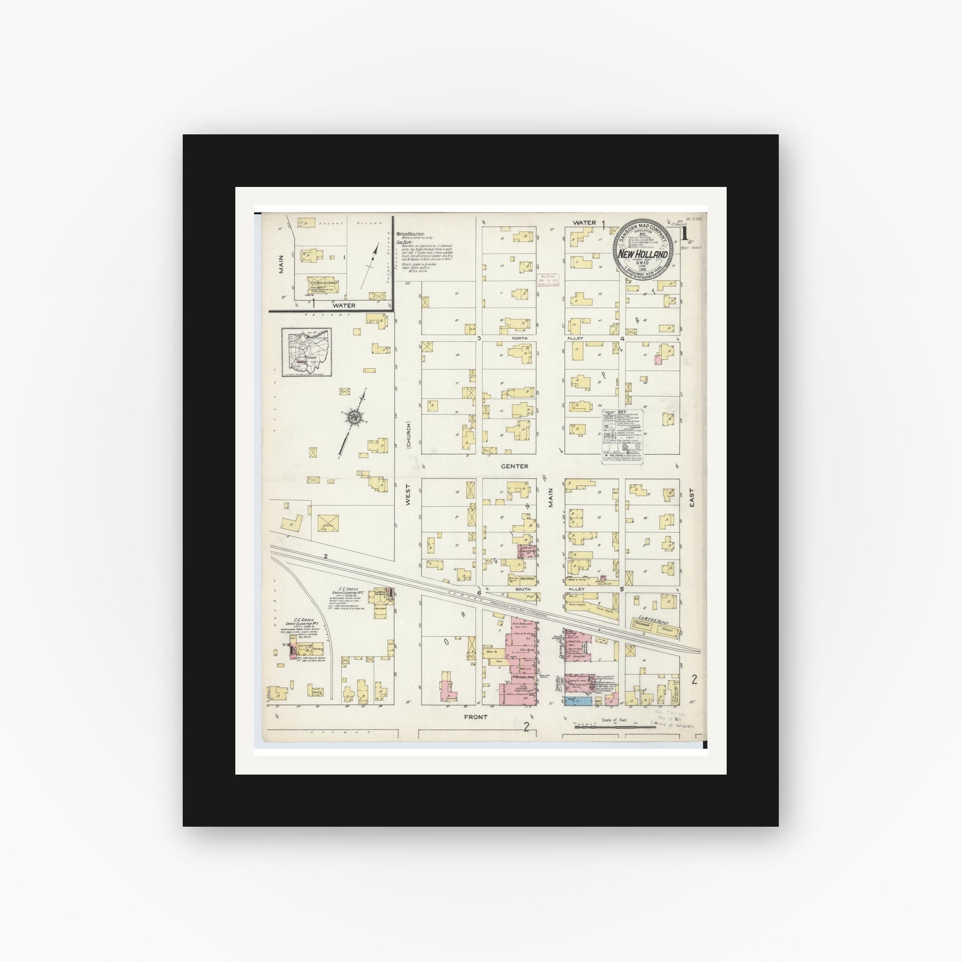 Old map wall art mockup — black gallery frame with white mat — Sanborn Fire Insurance Map from New Holland, Pickaway County, Ohio (1915), Sheet #0001