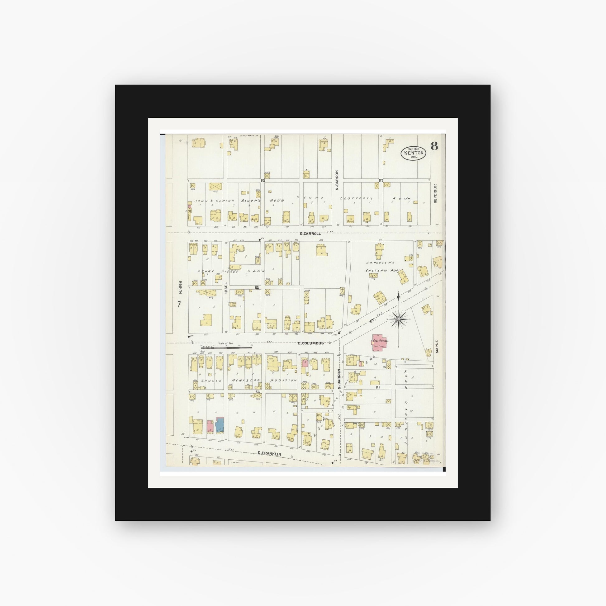 Old map wall art mockup — black gallery frame with white mat — Sanborn Fire Insurance Map from Kenton, Hardin County, Ohio (1902), Sheet #0008
