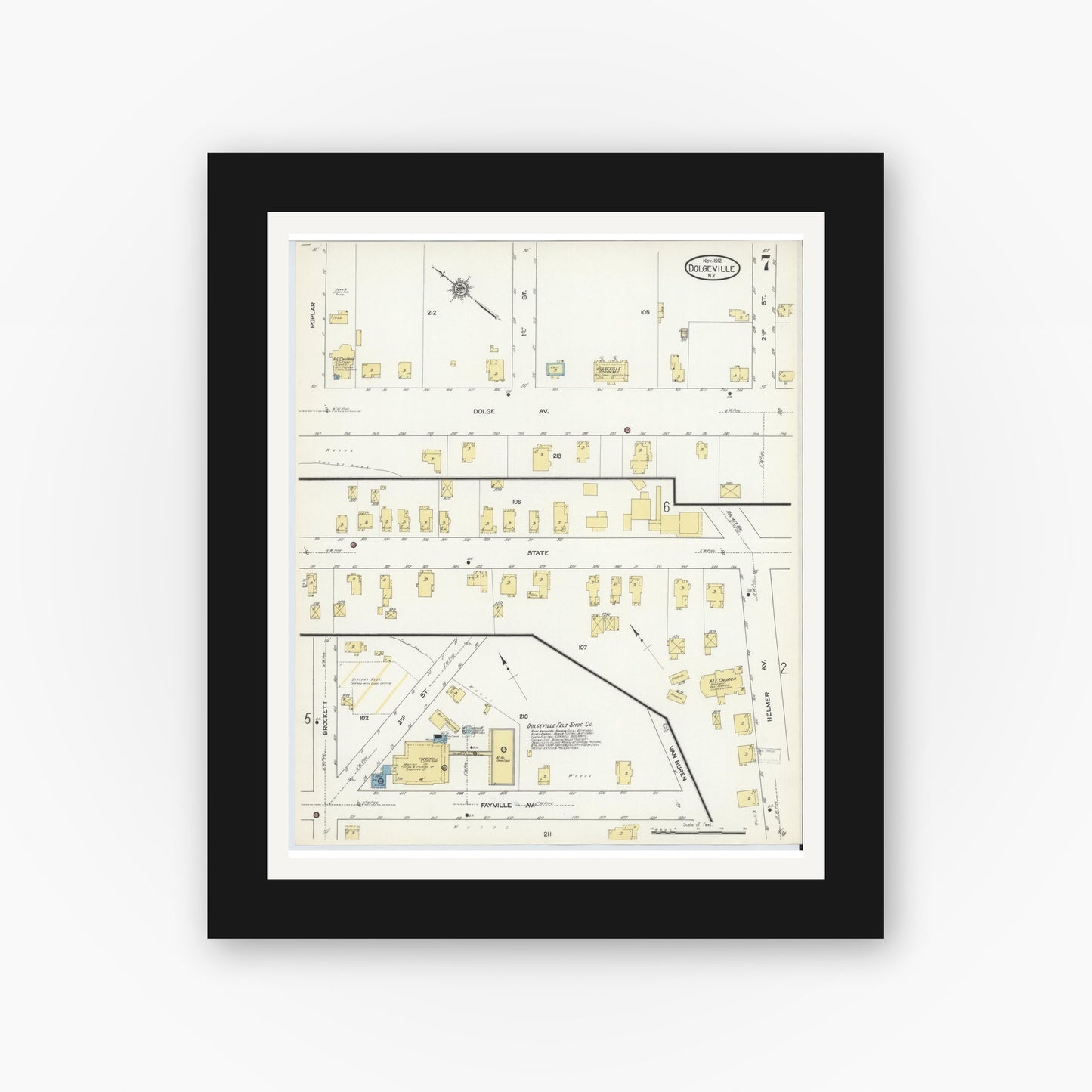 Old map wall art mockup — black gallery frame with white mat — Sanborn Fire Insurance Map from Dolgeville, Hirkimer County, New York (1912), Sheet #0007