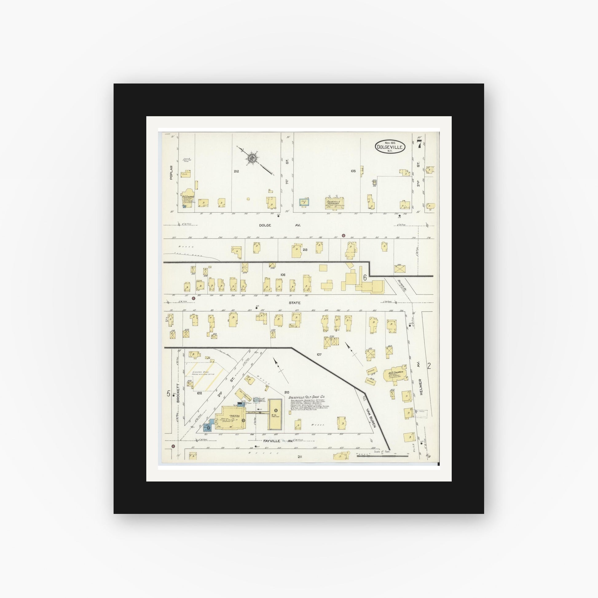 Old map wall art mockup — black gallery frame with white mat — Sanborn Fire Insurance Map from Dolgeville, Hirkimer County, New York (1912), Sheet #0007