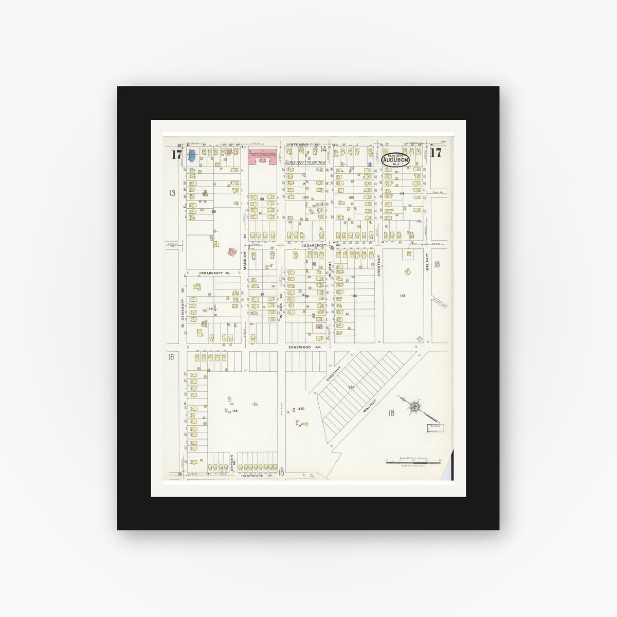 Old map wall art mockup — black gallery frame with white mat — Sanborn Fire Insurance Map from Audubon, Camden County, New Jersey (1924), Sheet #0017