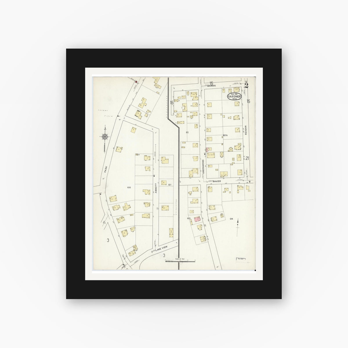 Old map wall art mockup — black gallery frame with white mat — Sanborn Fire Insurance Map from Gardner, Worcester County, Massachusetts (1914), Sheet #0002