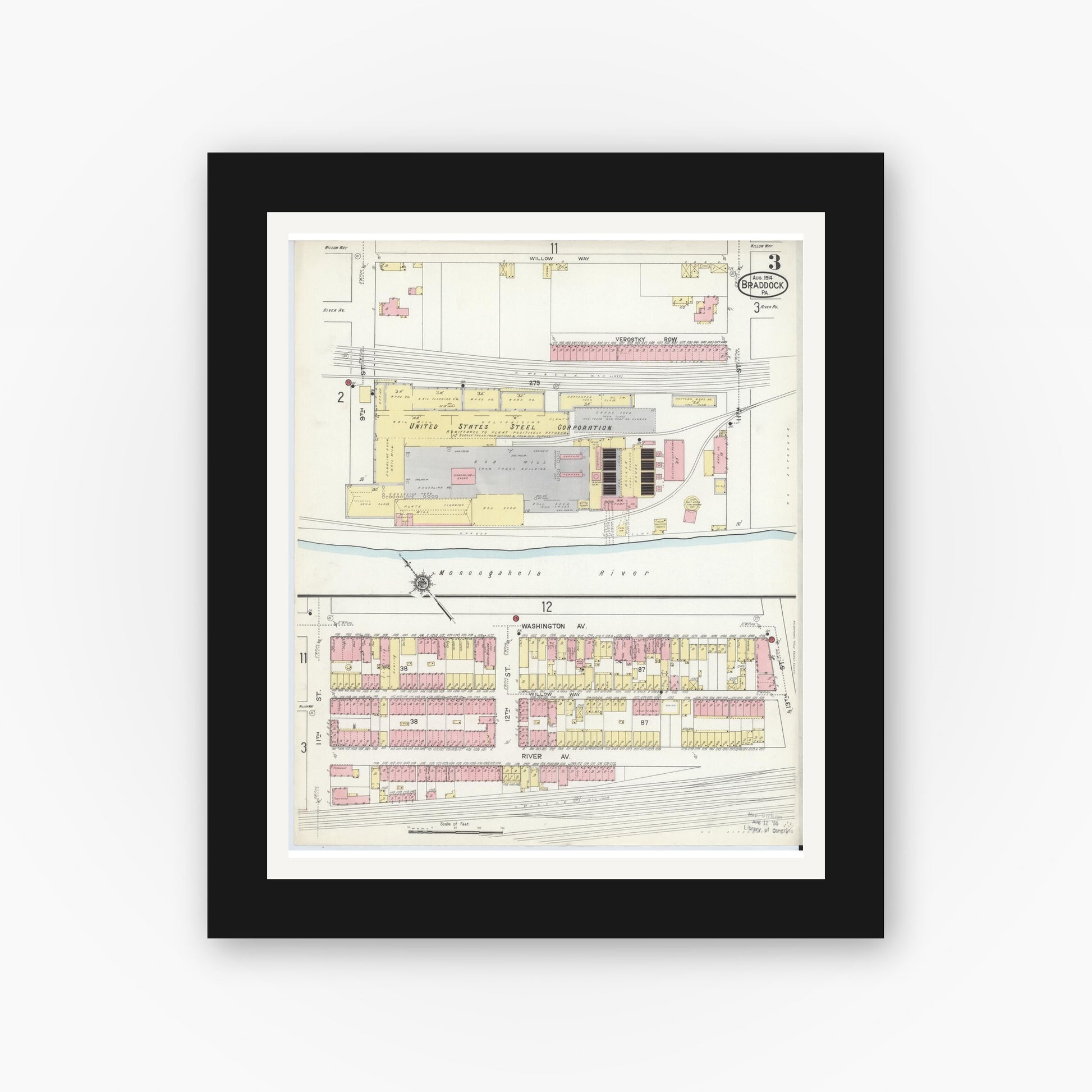 Old map wall art mockup — black gallery frame with white mat — Sanborn Fire Insurance Map from Braddock, Allegheny County, Pennsylvania (1914), Sheet #0003