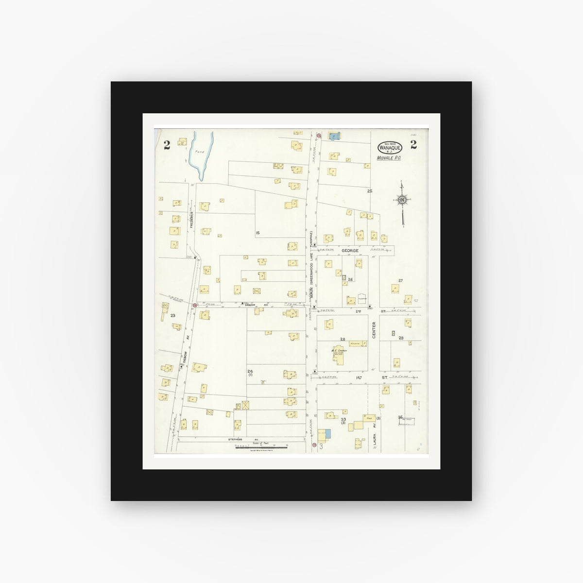 Old map wall art mockup — black gallery frame with white mat — Sanborn Fire Insurance Map from Wanaque, Passaic County, New Jersey (1923), Sheet #0002