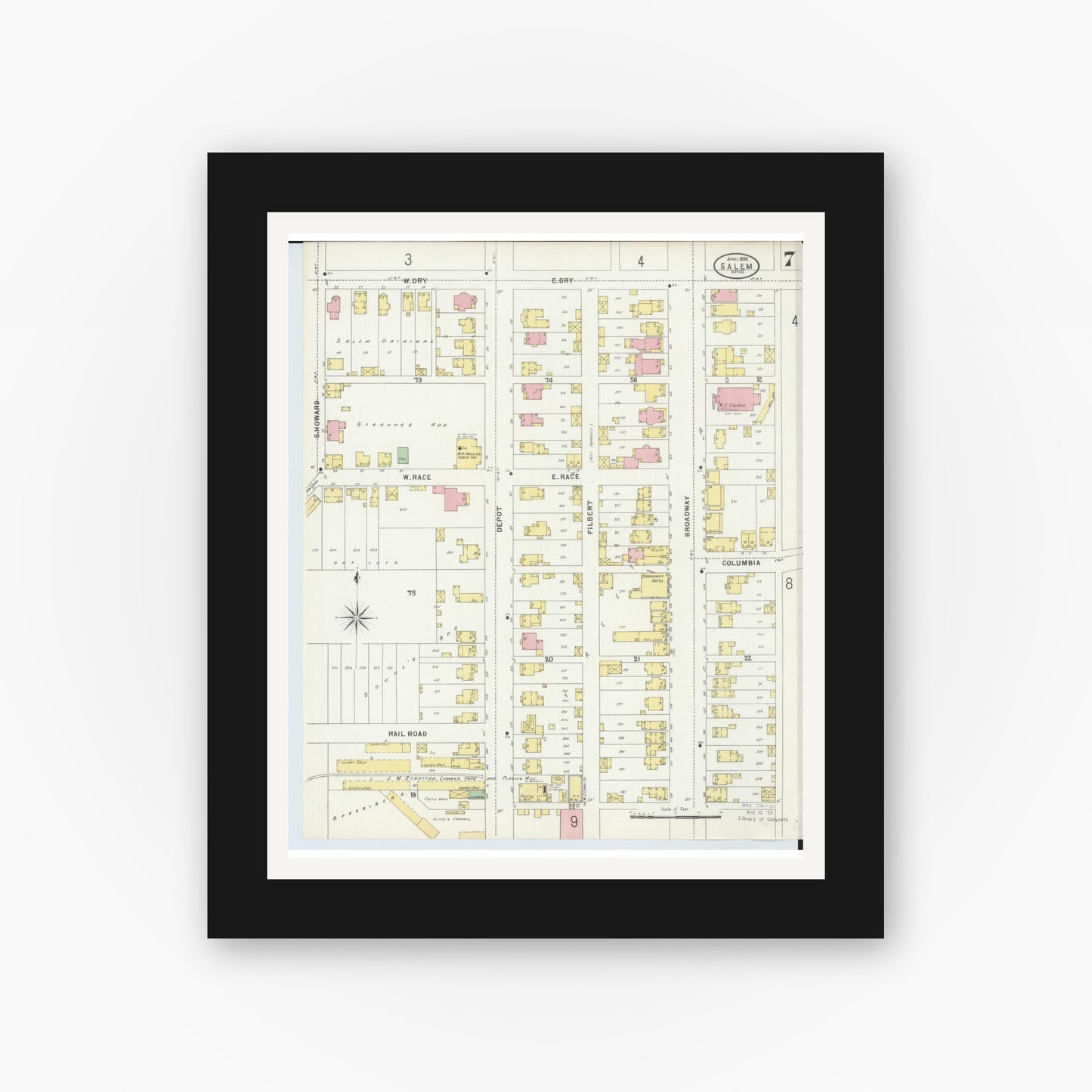 Old map wall art mockup — black gallery frame with white mat — Sanborn Fire Insurance Map from Salem, Columbiana County, Ohio (1898), Sheet #0007