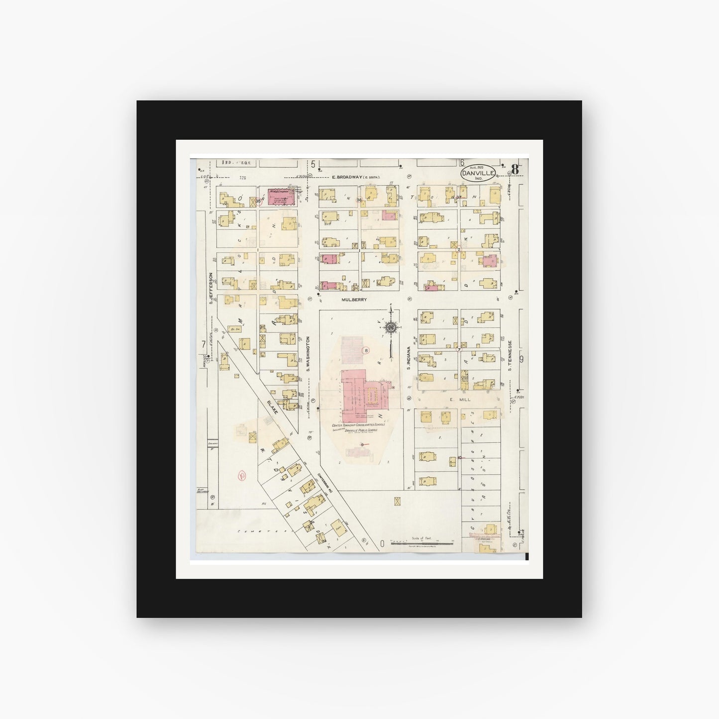 Old map wall art mockup — black gallery frame with white mat — Sanborn Fire Insurance Map from Danville, Hendricks County, Indiana (1932), Sheet #0008