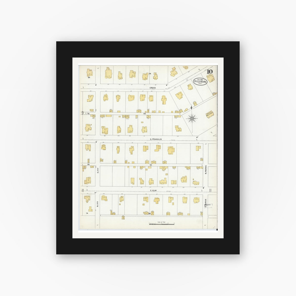 Old map wall art mockup — black gallery frame with white mat — Sanborn Fire Insurance Map from Hillsboro, Hill County, Texas (1905), Sheet #0010