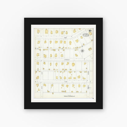 Old map wall art mockup — black gallery frame with white mat — Sanborn Fire Insurance Map from Hillsboro, Hill County, Texas (1905), Sheet #0010
