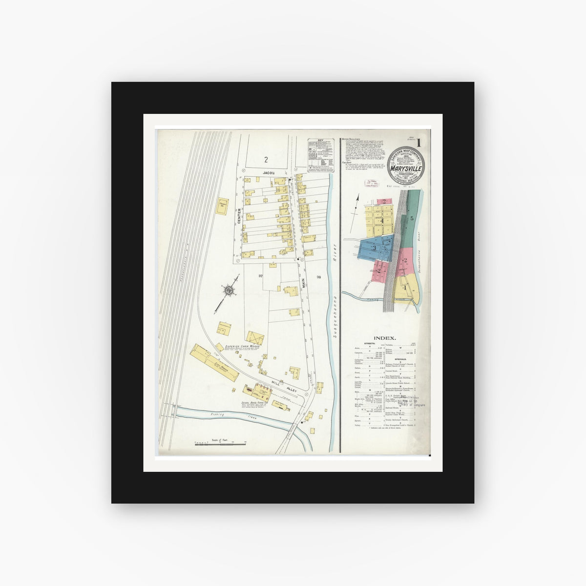 Old map wall art mockup — black gallery frame with white mat — Sanborn Fire Insurance Map from Marysville, Perry County, Pennsylvania (1911) - Complete Map Set