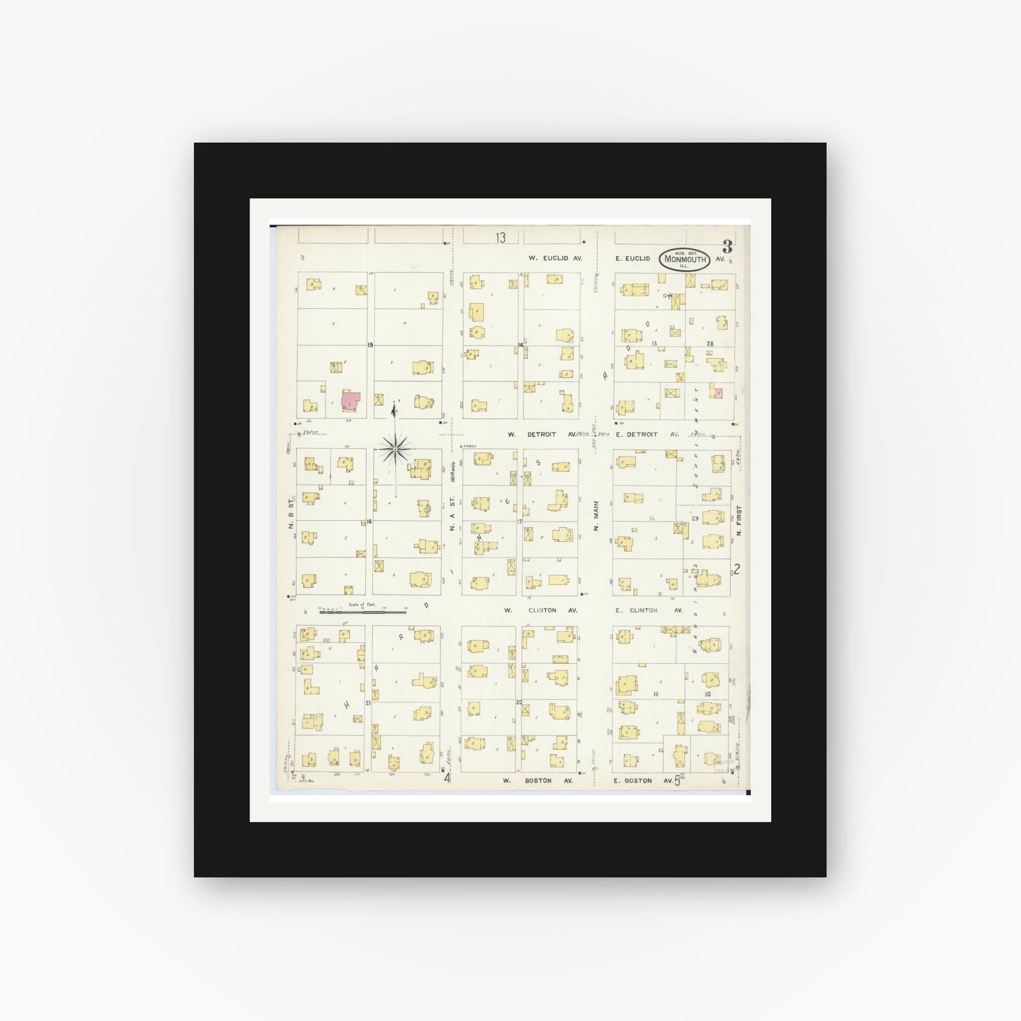 Old map wall art mockup — black gallery frame with white mat — Sanborn Fire Insurance Map from Monmouth, Warren County, Illinois (1907), Sheet #0003