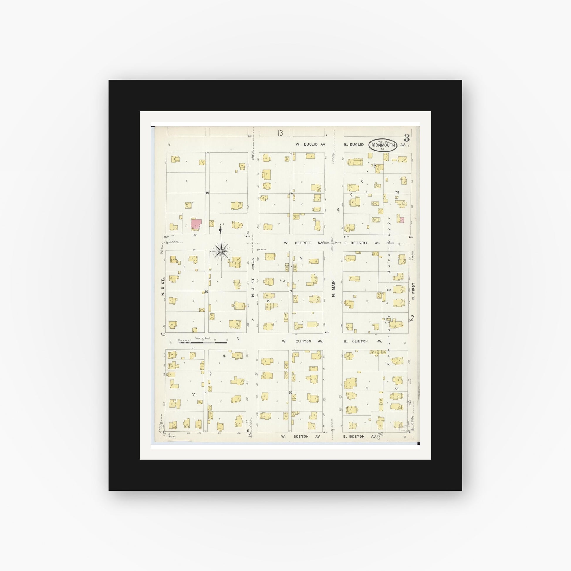 Old map wall art mockup — black gallery frame with white mat — Sanborn Fire Insurance Map from Monmouth, Warren County, Illinois (1907), Sheet #0003
