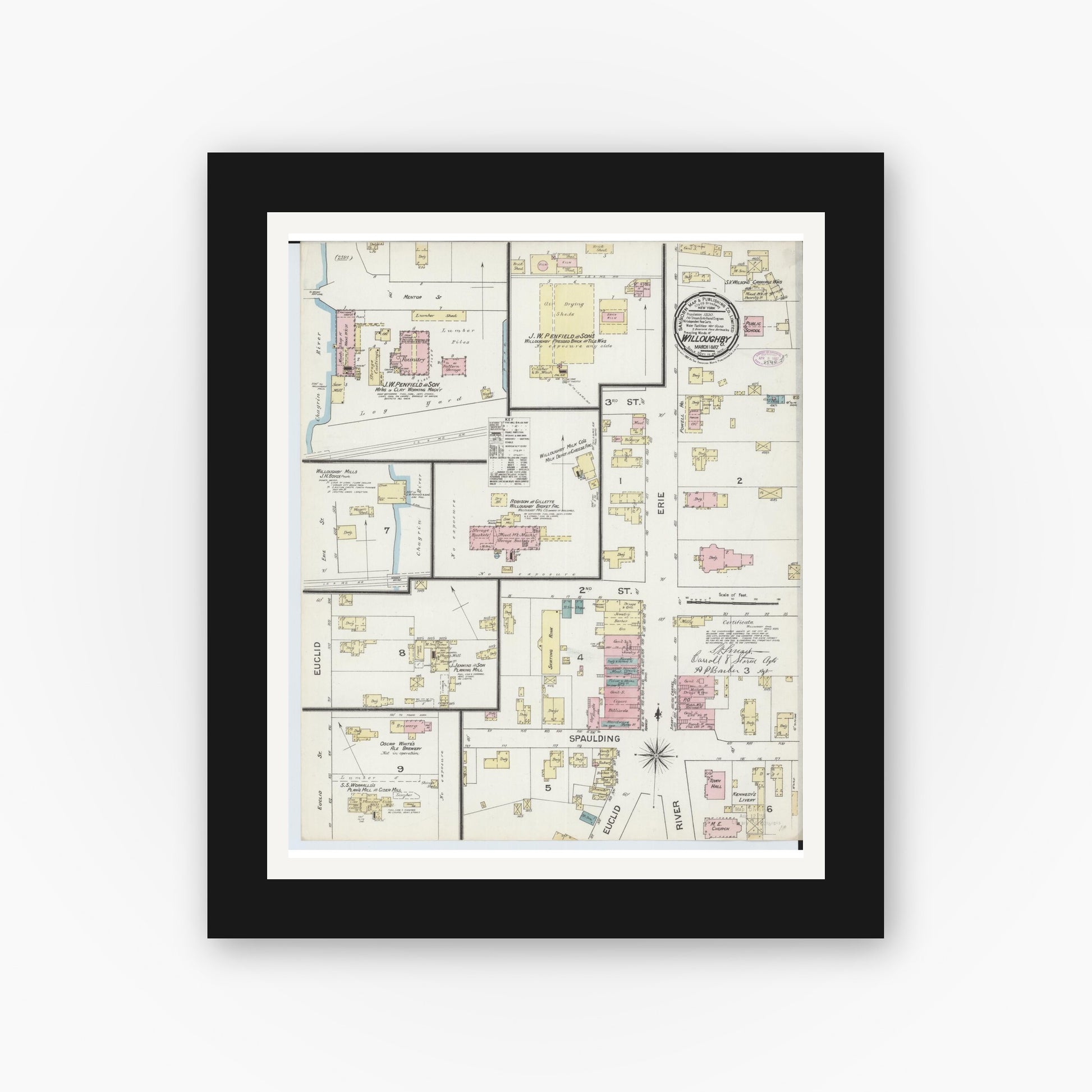 Old map wall art mockup — black gallery frame with white mat — Sanborn Fire Insurance Map from Willoughby, Lake County, Ohio (1887), Sheet #0001