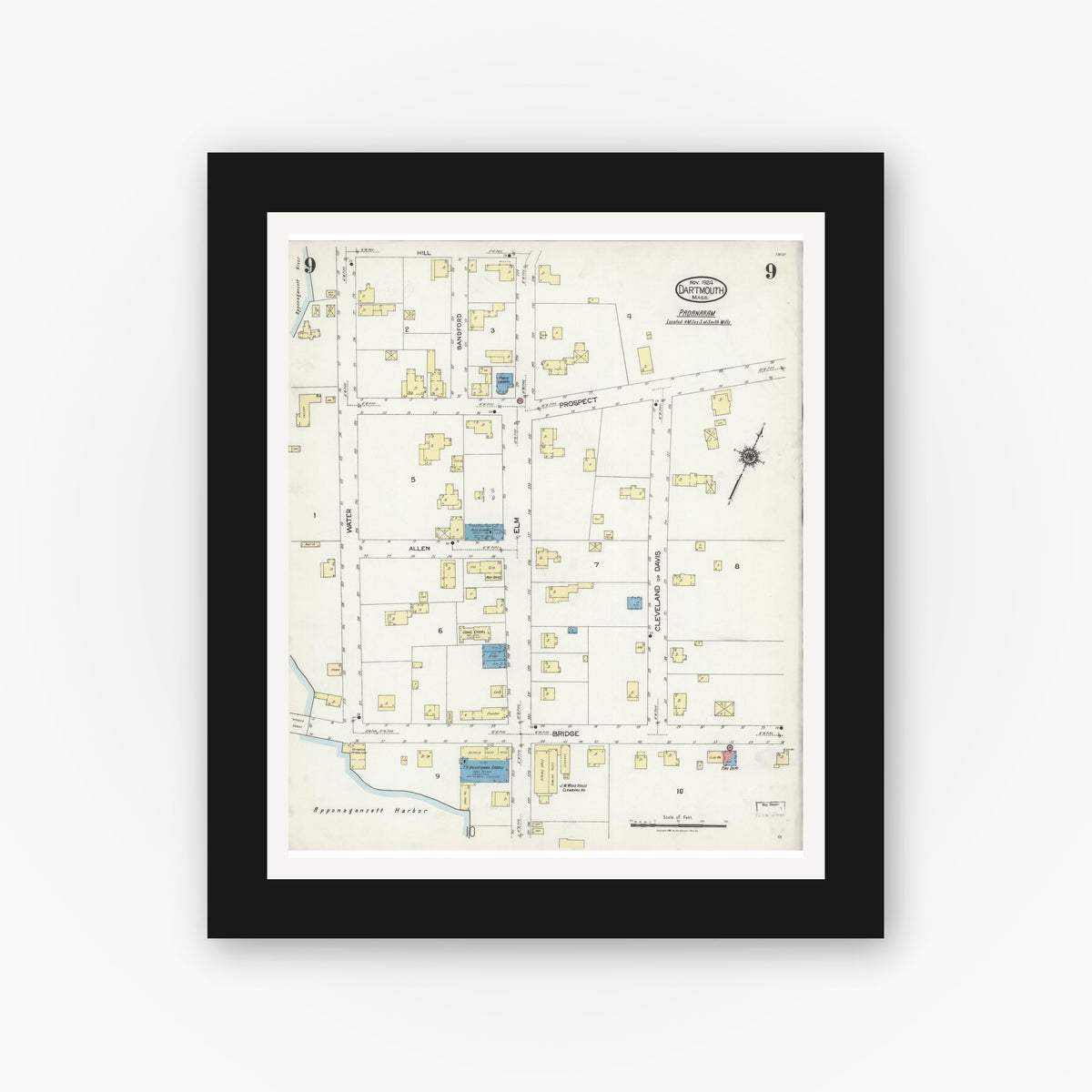 Old map wall art mockup — black gallery frame with white mat — Sanborn Fire Insurance Map from Dartmouth, Bristol County, Massachusetts (1924), Sheet #0009