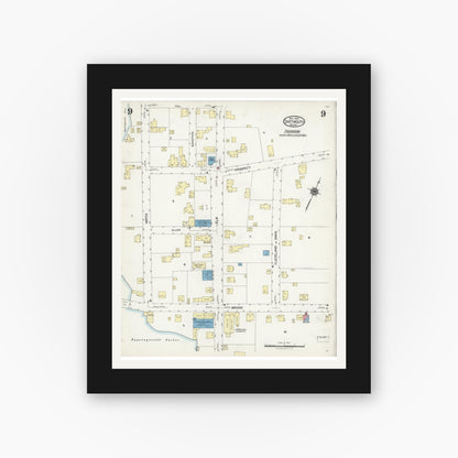 Old map wall art mockup — black gallery frame with white mat — Sanborn Fire Insurance Map from Dartmouth, Bristol County, Massachusetts (1924), Sheet #0009